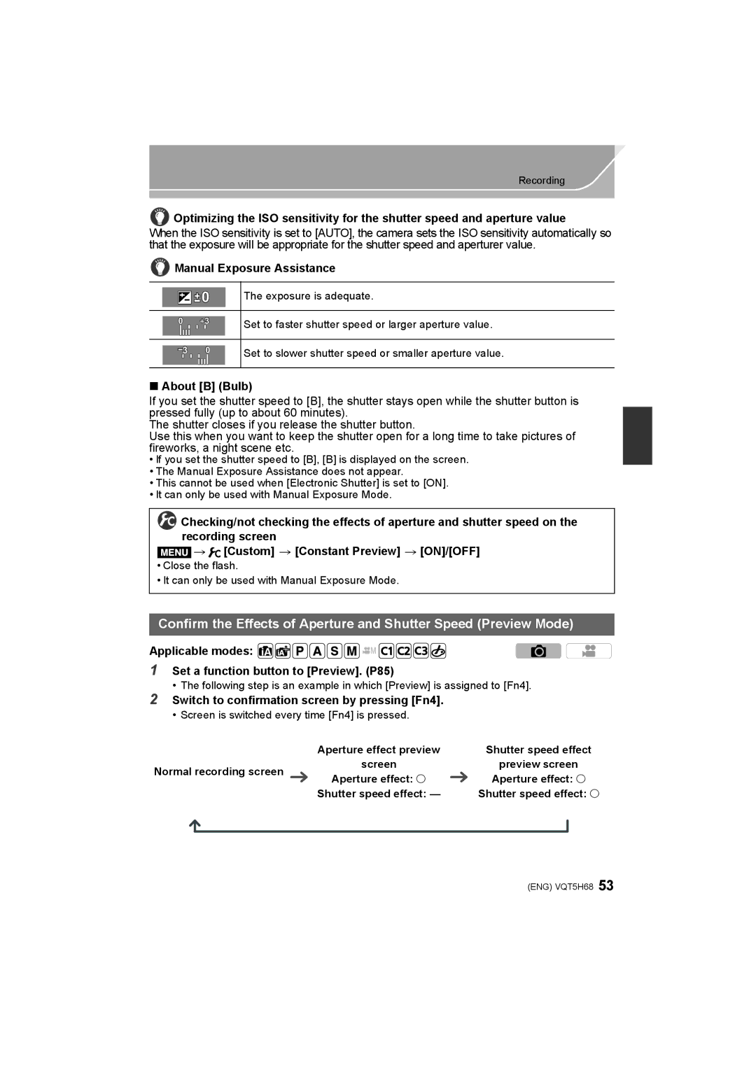 Panasonic DMC-GH4 Manual Exposure Assistance, About B Bulb, Applicable modes Set a function button to Preview. P85 