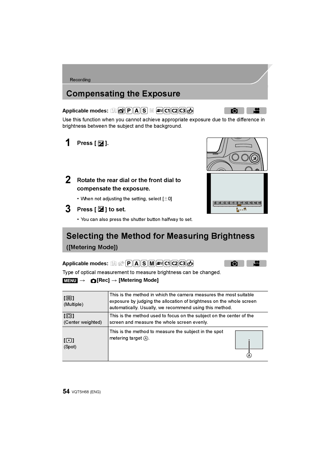 Panasonic DMC-GH4 owner manual Compensating the Exposure, Selecting the Method for Measuring Brightness, Metering Mode 