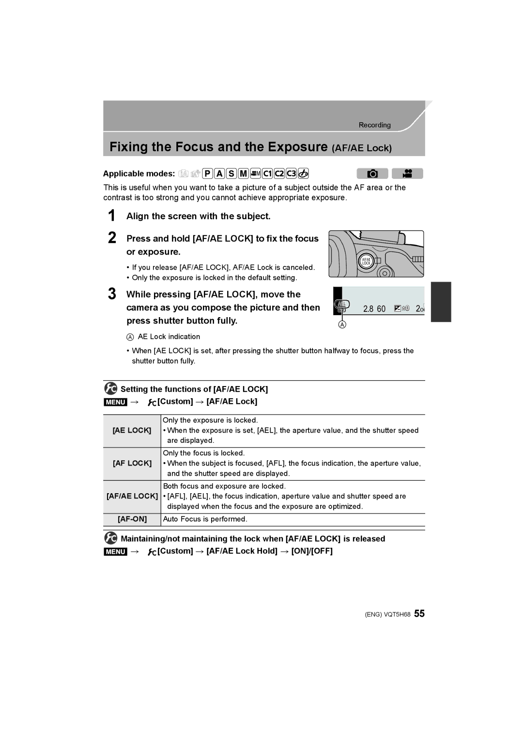 Panasonic DMC-GH4 Fixing the Focus and the Exposure AF/AE Lock, Setting the functions of AF/AE Lock Custom AF/AE Lock 