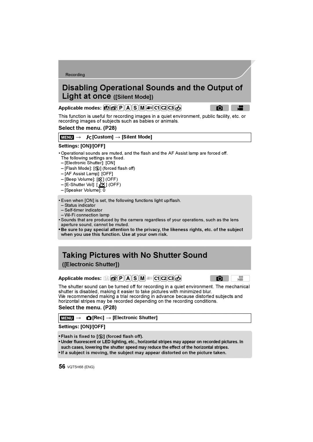 Panasonic DMC-GH4 Disabling Operational Sounds and the Output, Taking Pictures with No Shutter Sound, Select the menu. P28 