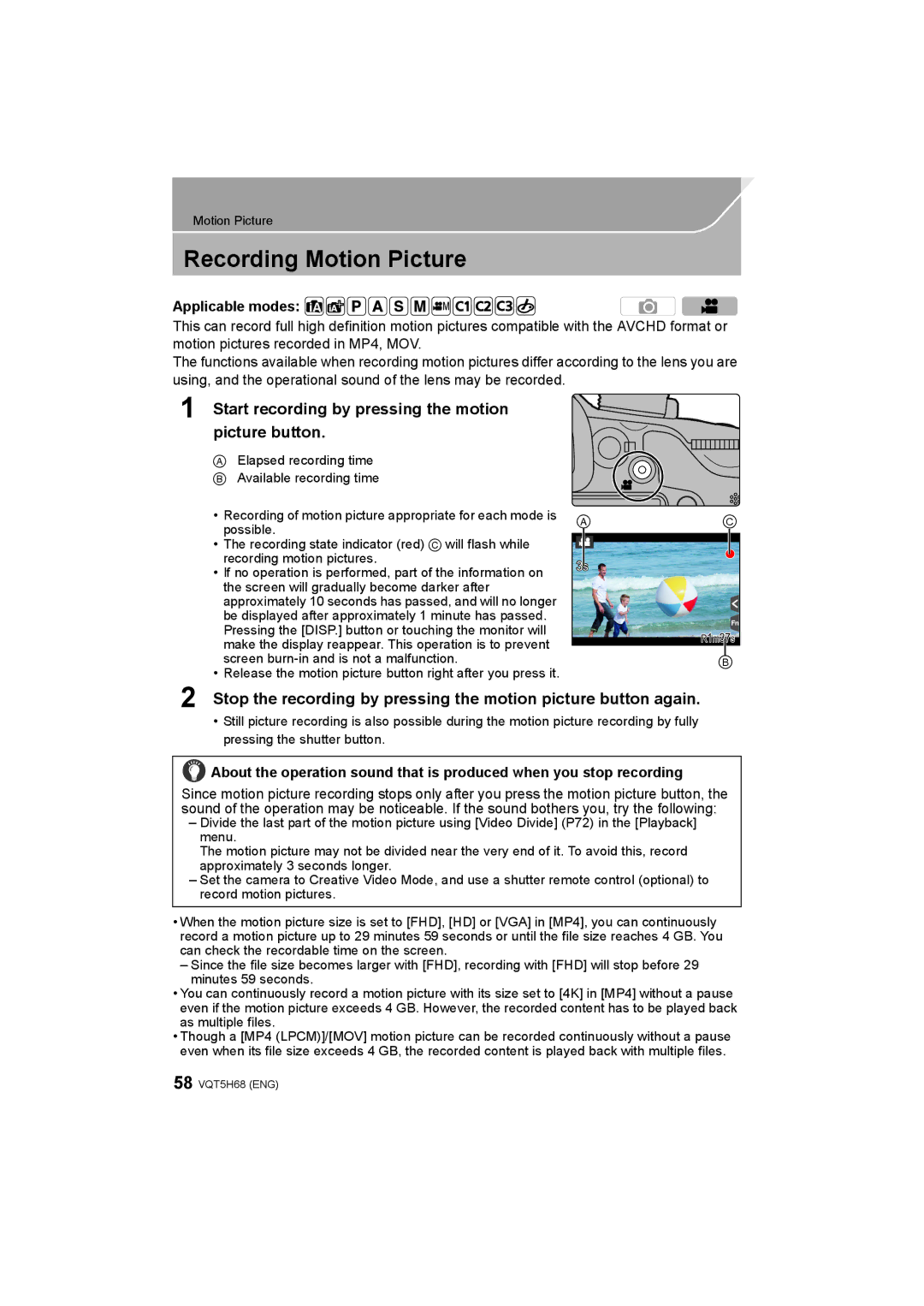 Panasonic DMC-GH4 owner manual Recording Motion Picture, Start recording by pressing the motion picture button 