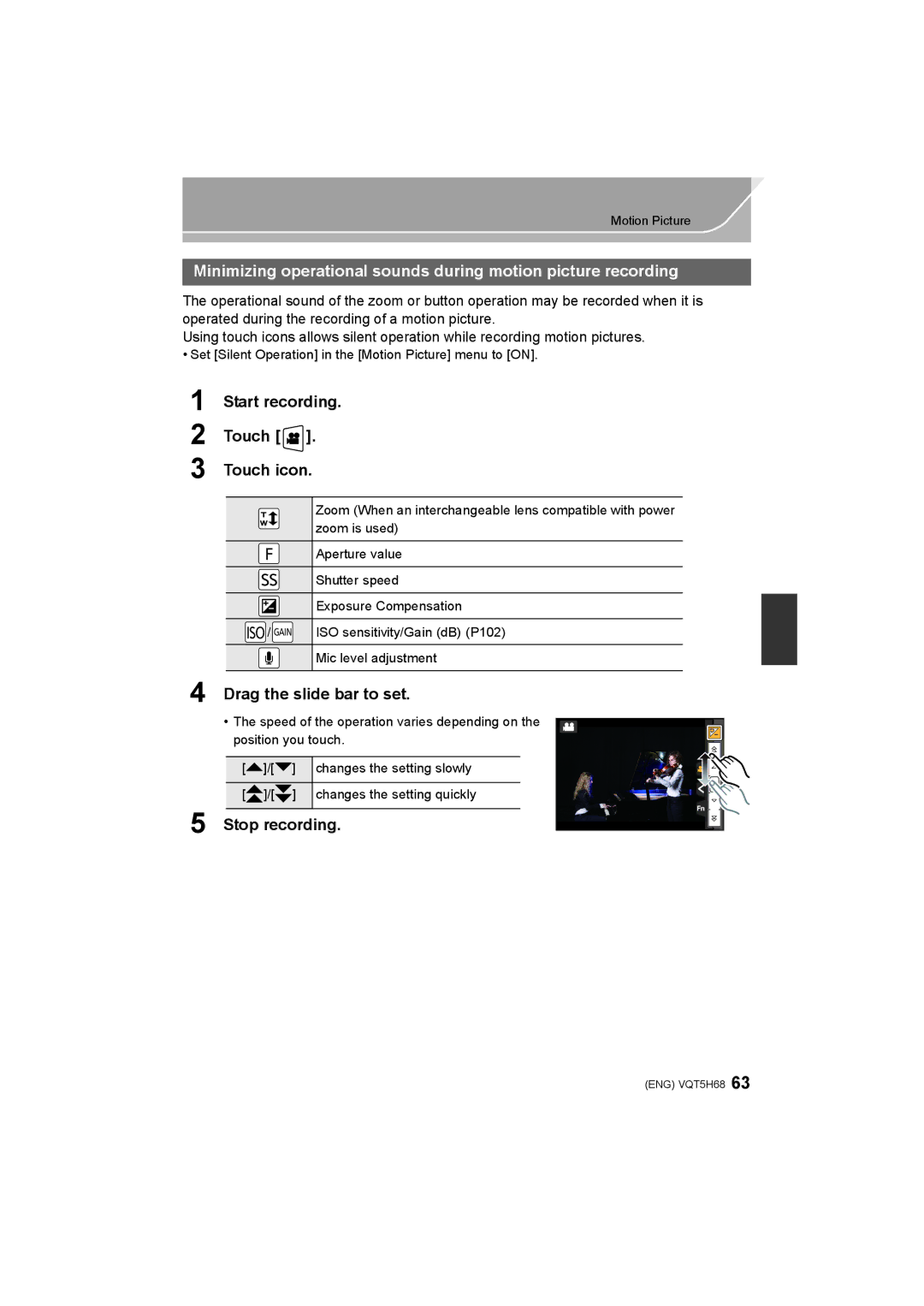 Panasonic DMC-GH4 owner manual Start recording Touch Touch icon, Drag the slide bar to set, Mic level adjustment 