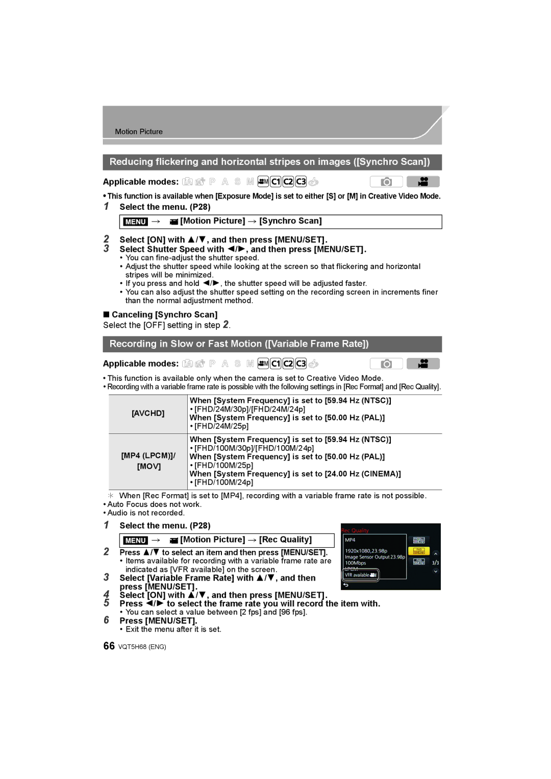 Panasonic DMC-GH4 owner manual Recording in Slow or Fast Motion Variable Frame Rate 