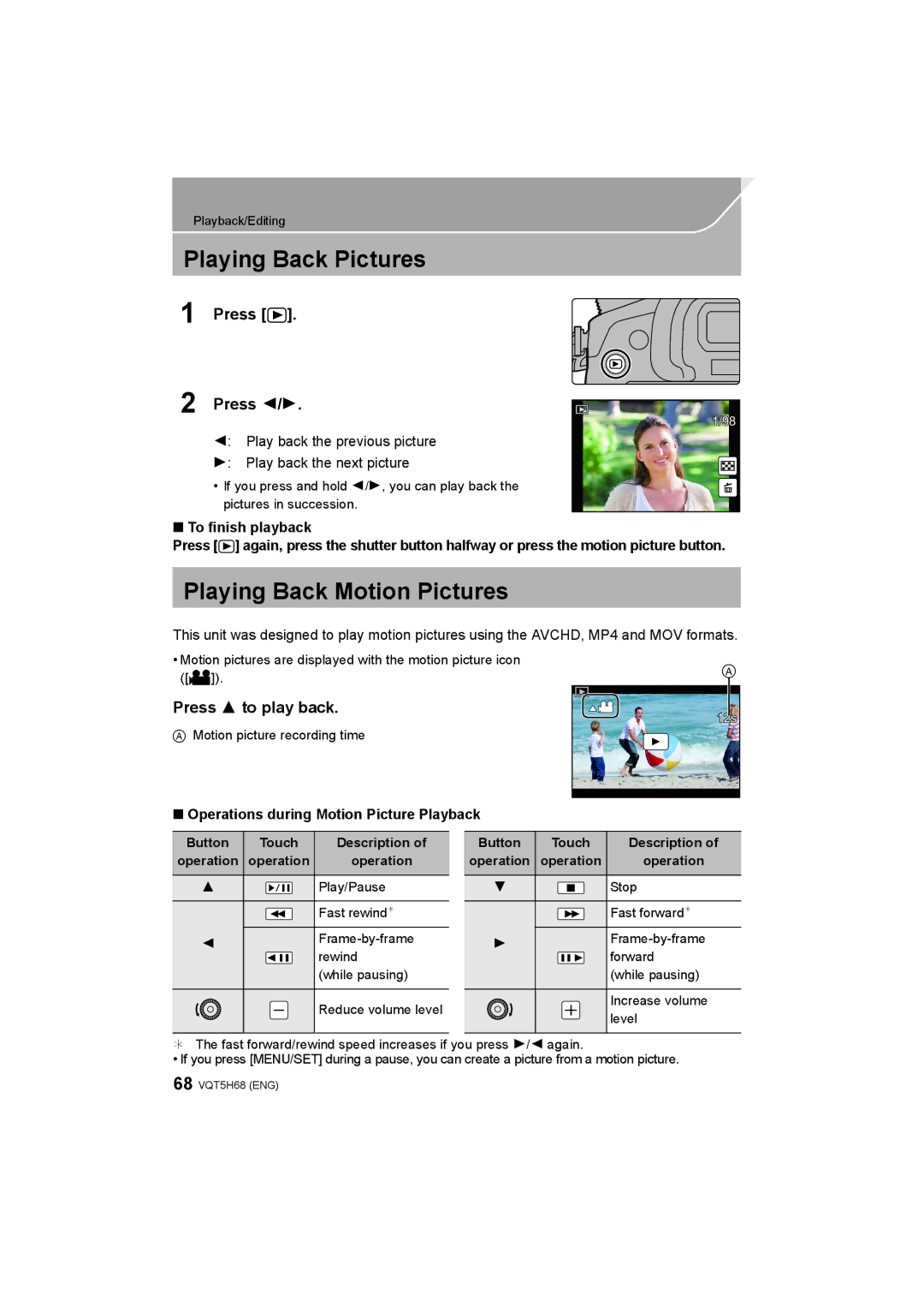 Panasonic DMC-GH4 owner manual Playing Back Pictures, Playing Back Motion Pictures, Press Press 2/1, Press 3 to play back 