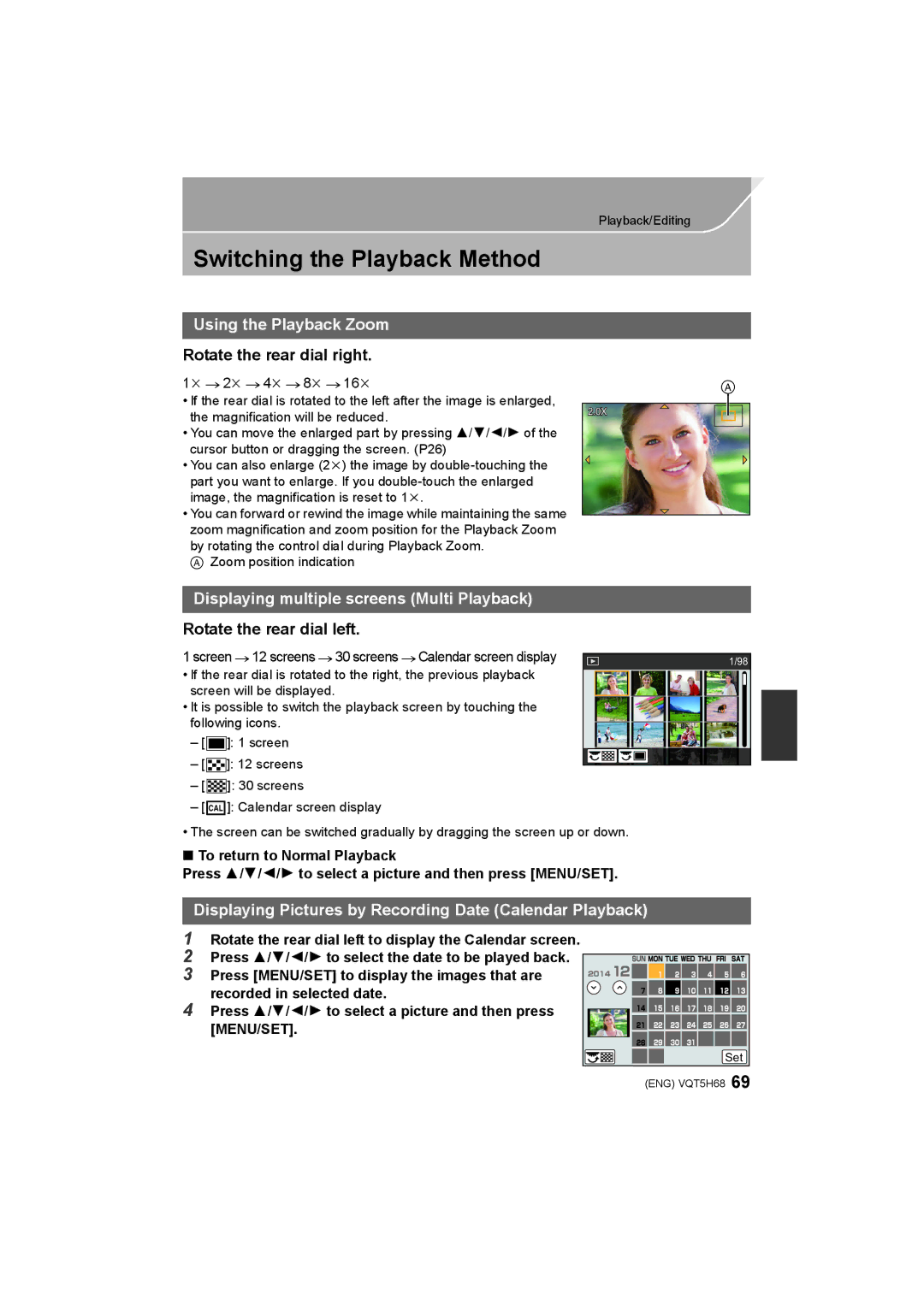 Panasonic DMC-GH4 Switching the Playback Method, Using the Playback Zoom, Displaying multiple screens Multi Playback 