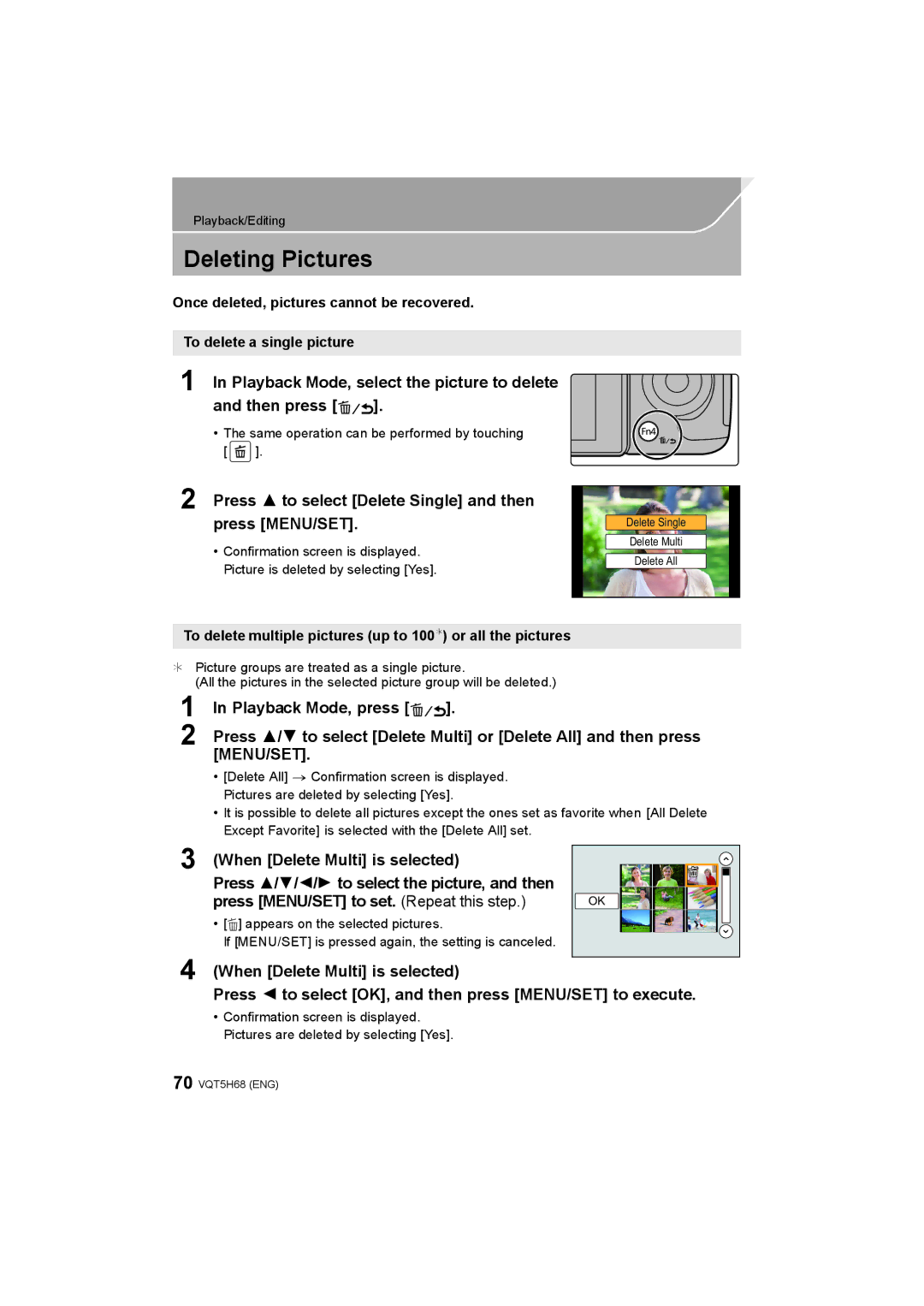 Panasonic DMC-GH4 owner manual Deleting Pictures, Playback Mode, select the picture to delete Then press 