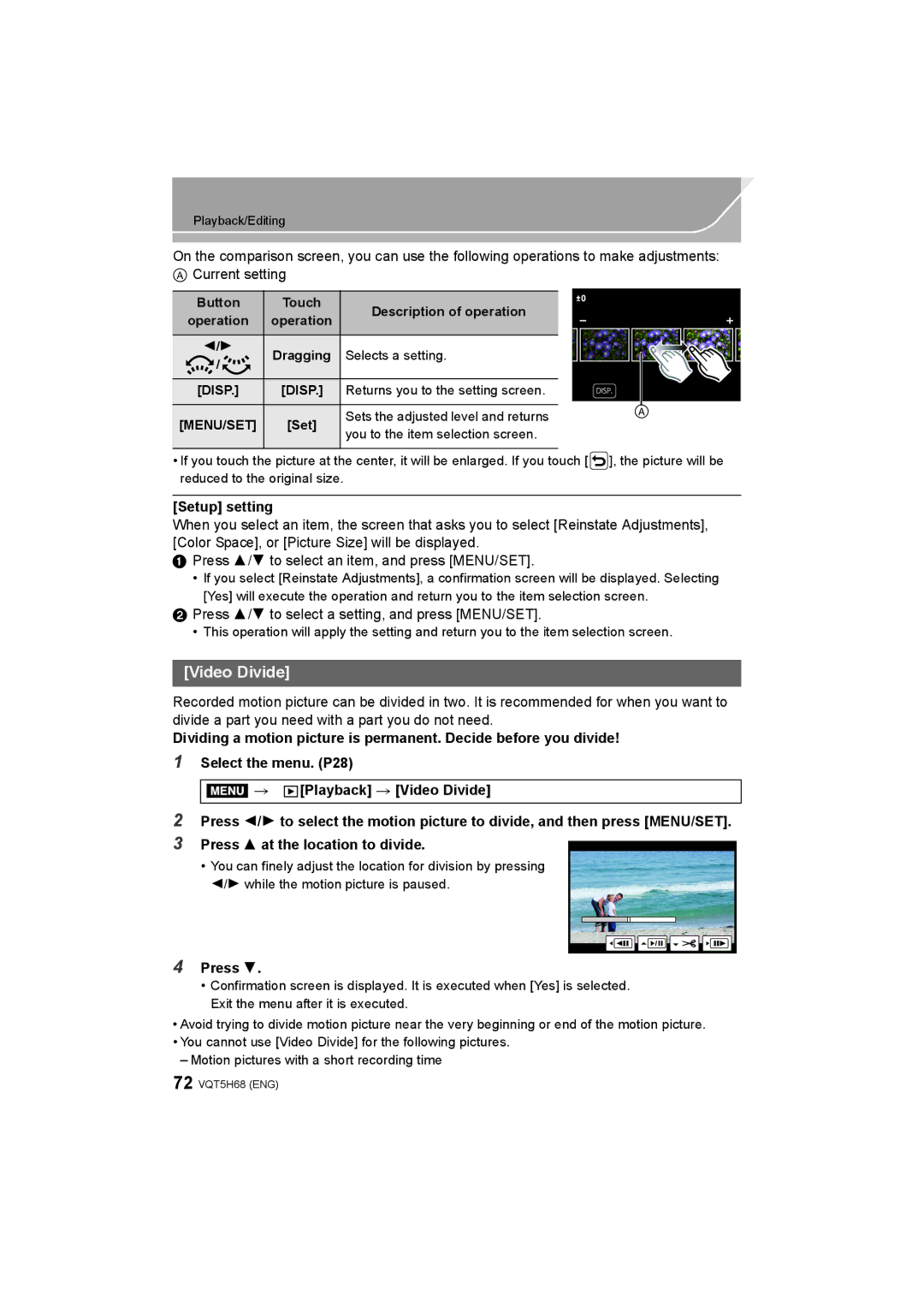 Panasonic DMC-GH4 owner manual Video Divide, Setup setting, Press 3/4 to select a setting, and press MENU/SET 