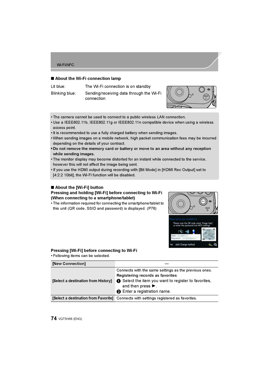 Panasonic DMC-GH4 owner manual About the Wi-Fi connection lamp, Pressing Wi-Fi before connecting to Wi-Fi 