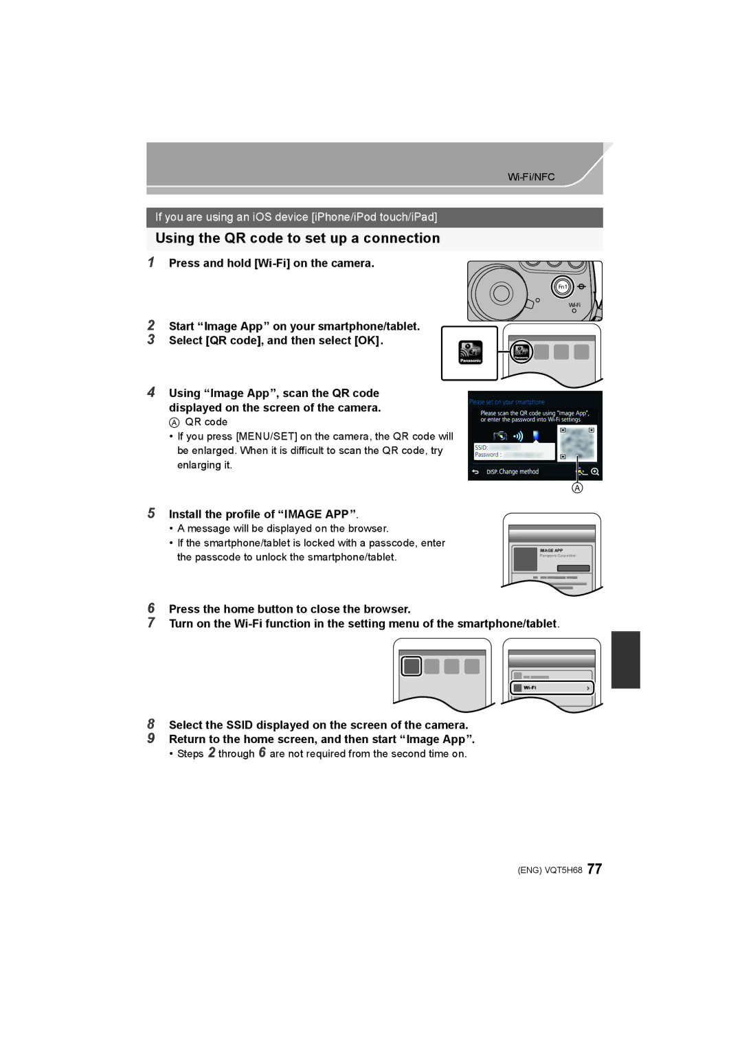 Panasonic DMC-GH4 owner manual Press and hold Wi-Fi on the camera, Install the profile of Image APP, QR code, Enlarging it 