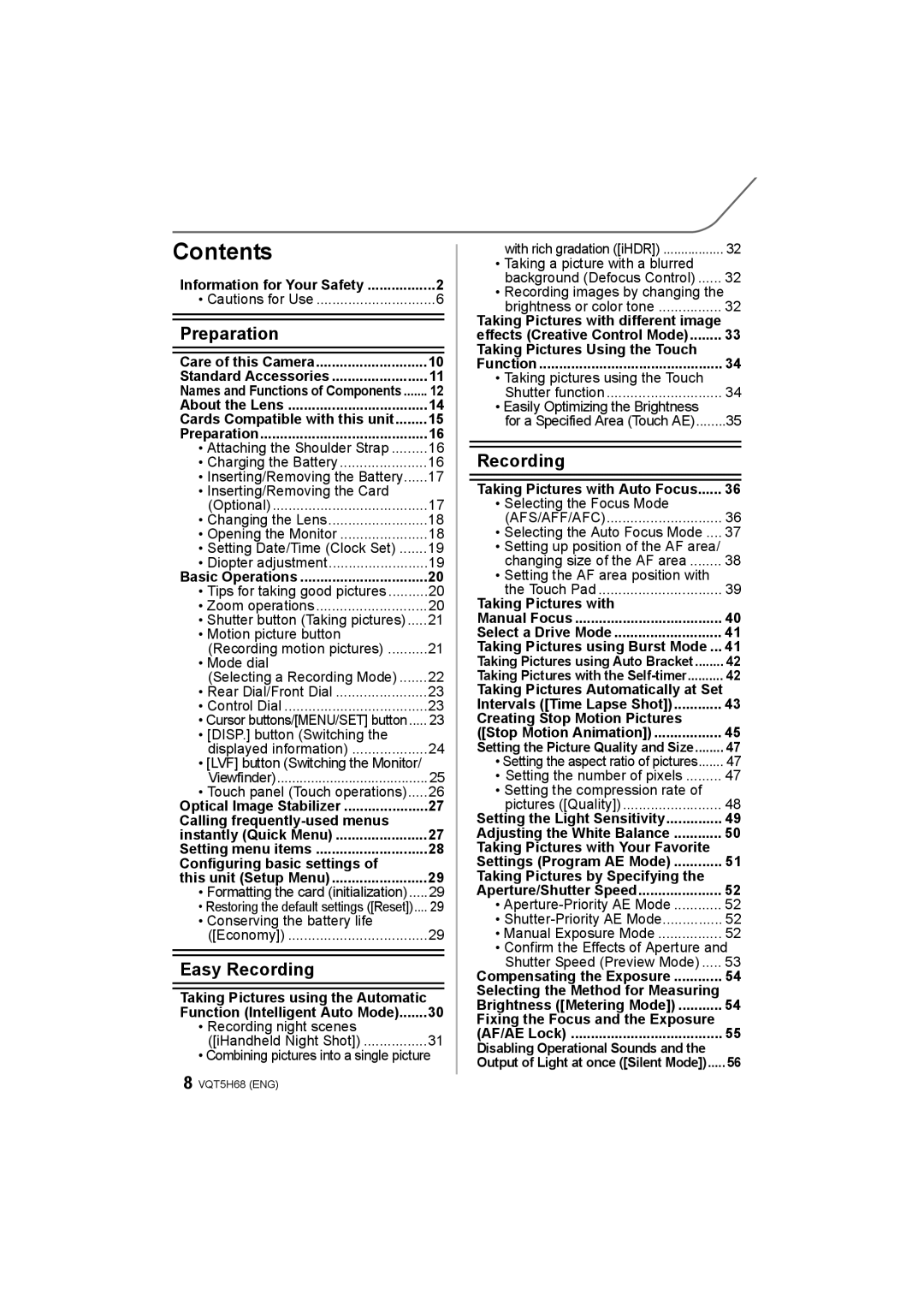 Panasonic DMC-GH4 owner manual Contents 