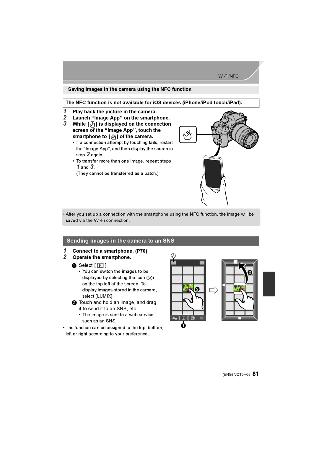 Panasonic DMC-GH4 owner manual Sending images in the camera to an SNS, Smartphone to of the camera 