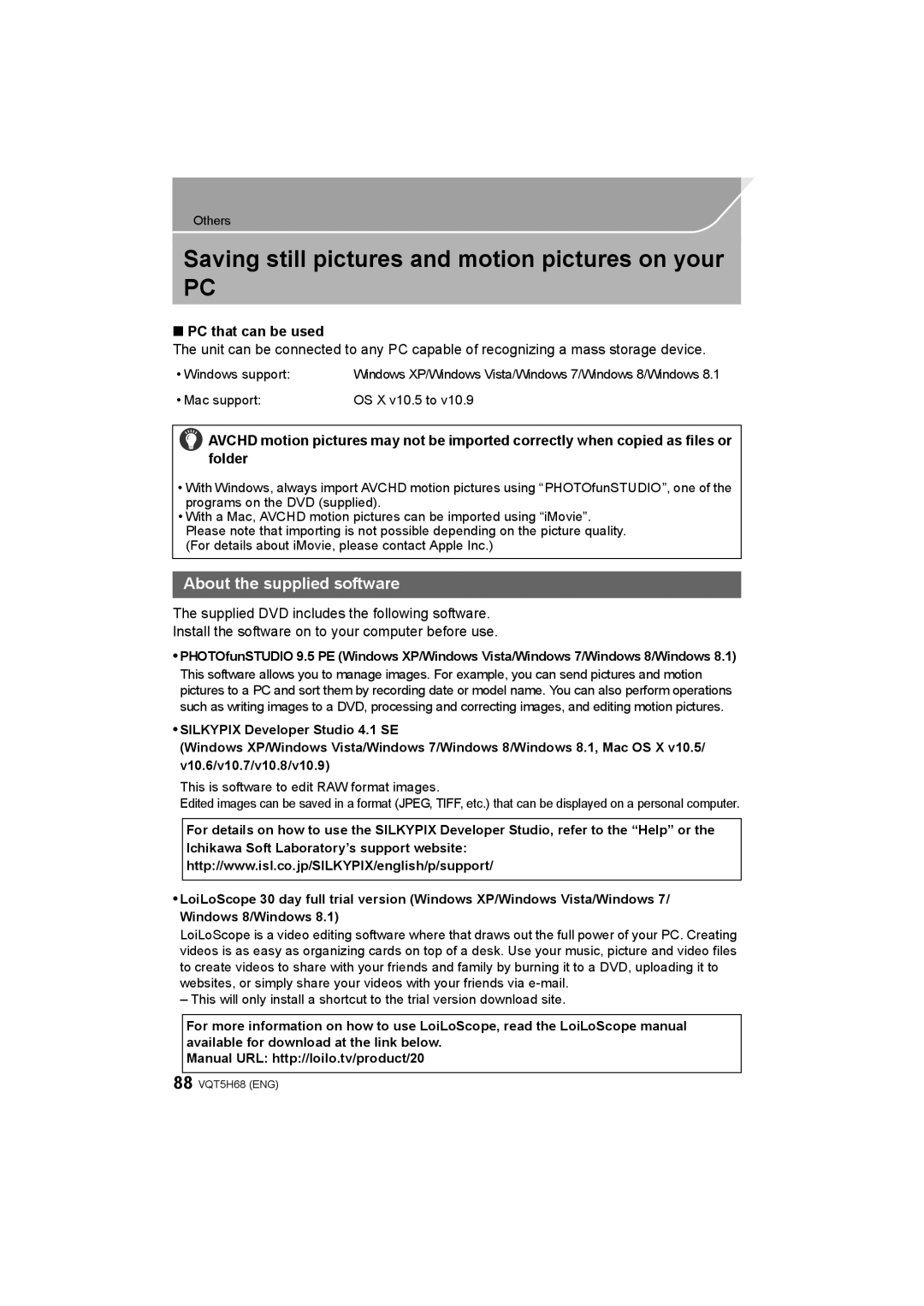 Panasonic DMC-GH4 Saving still pictures and motion pictures on your, About the supplied software, PC that can be used 