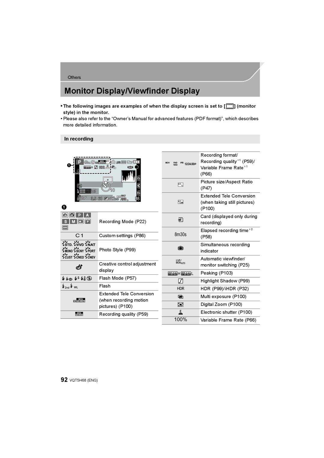 Panasonic DMC-GH4 owner manual Monitor Display/Viewfinder Display, Recording Mode P22, Custom settings P86 