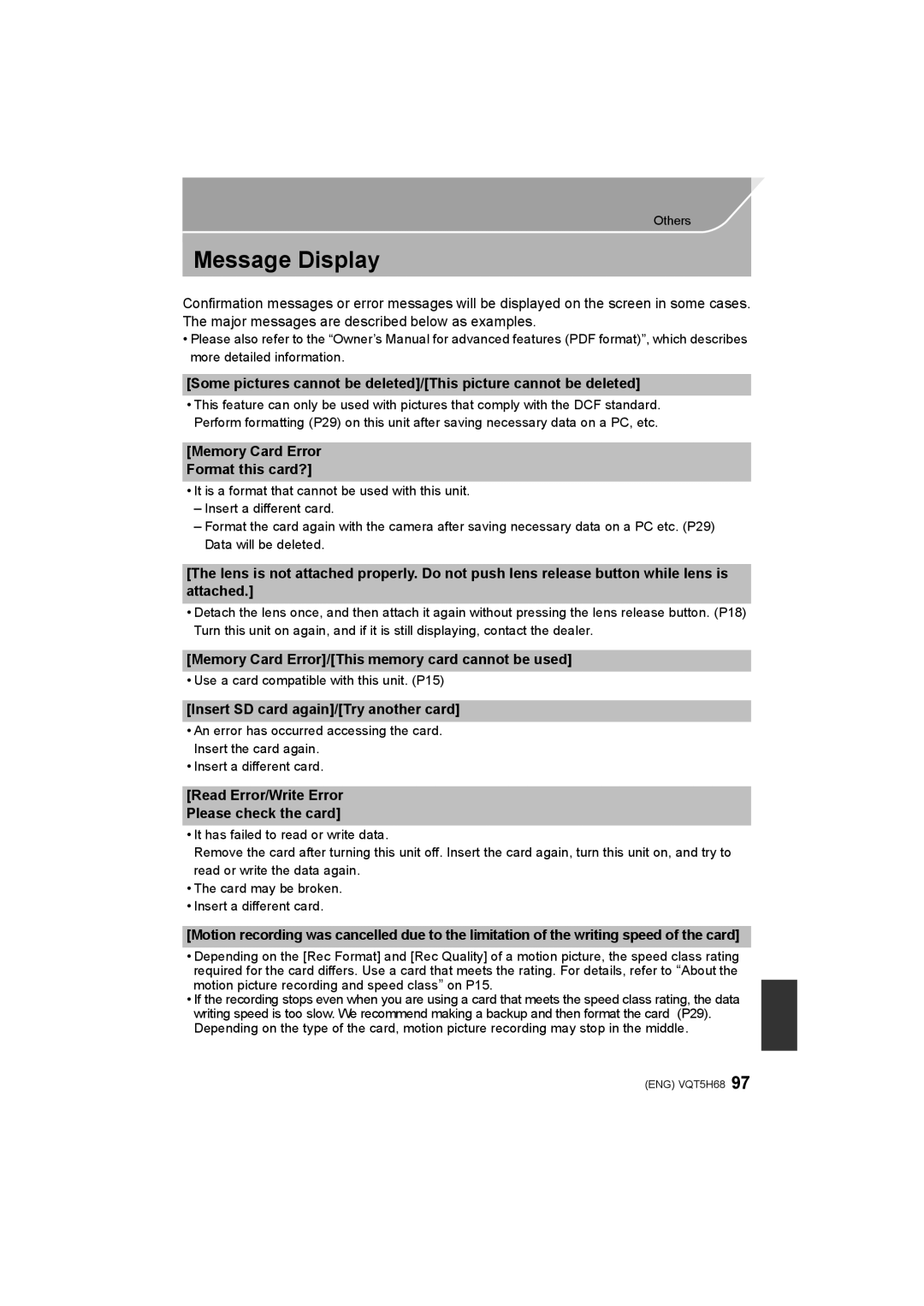 Panasonic DMC-GH4 Message Display, Memory Card Error/This memory card cannot be used, Memory Card Error Format this card? 