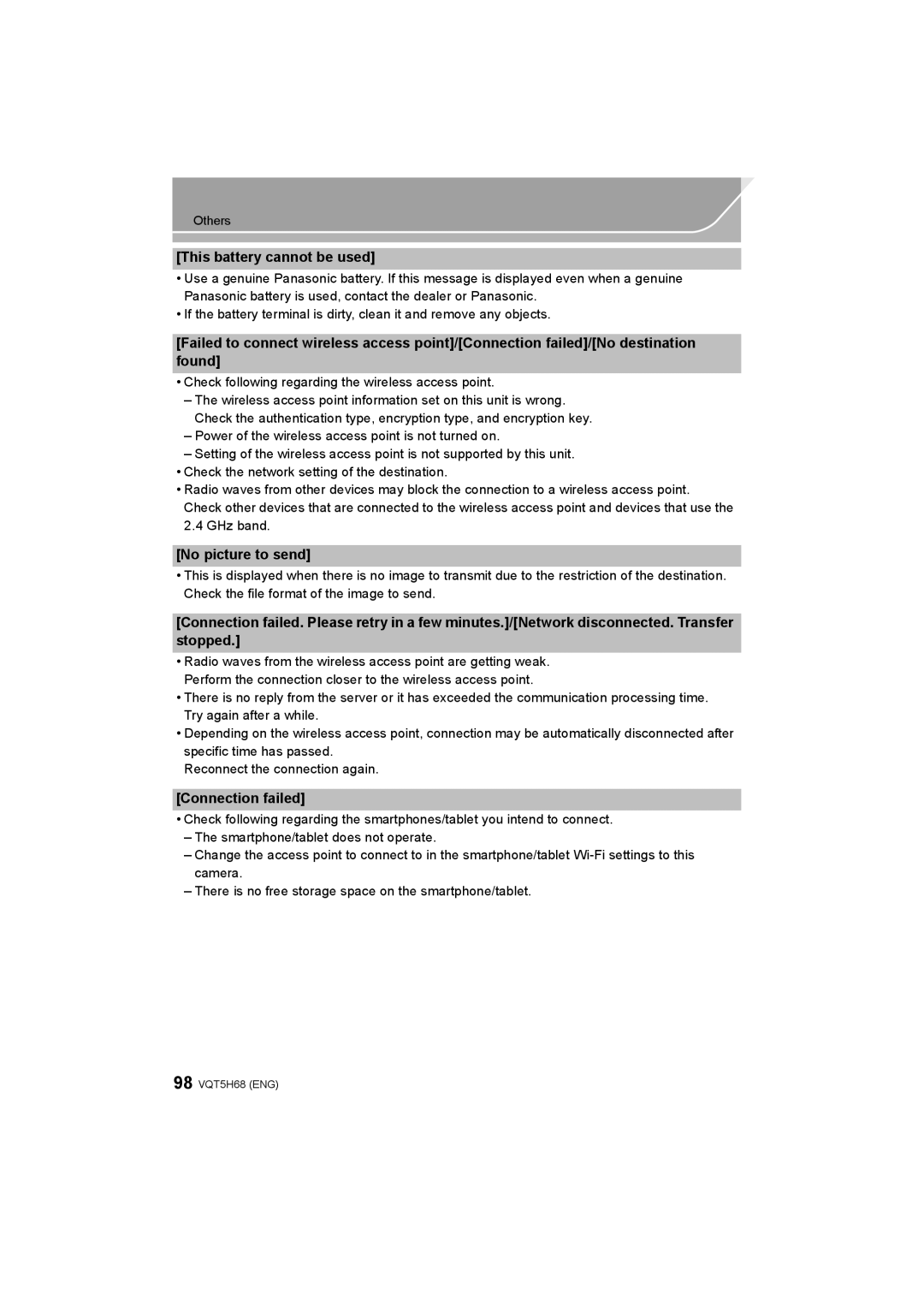 Panasonic DMC-GH4 owner manual This battery cannot be used, No picture to send, Connection failed 