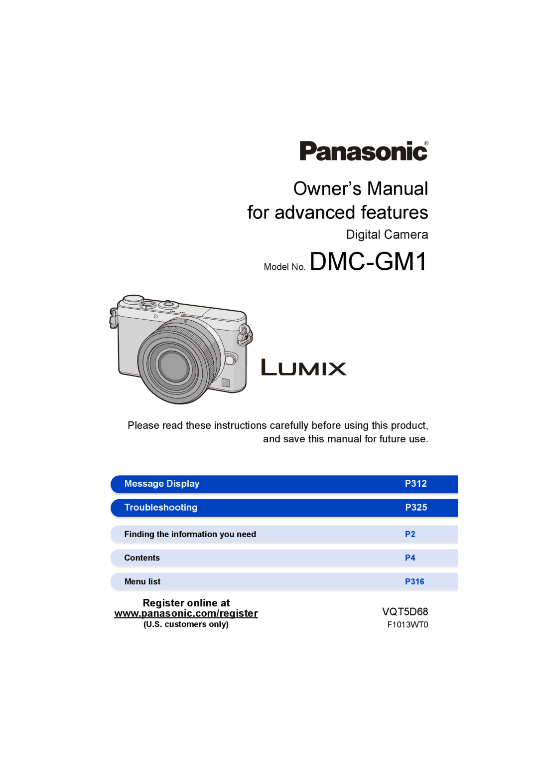 Panasonic DMC-GM1 owner manual Message Display P312 Troubleshooting P325, P316, Customers only F1013WT0 