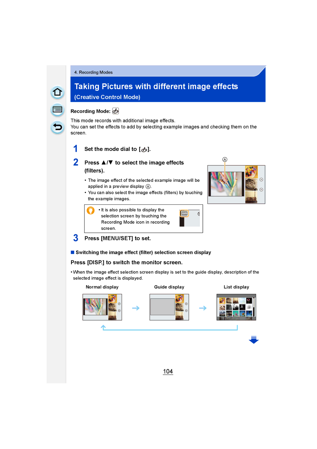 Panasonic DMC-GM1 owner manual Taking Pictures with different image effects, 104, Creative Control Mode 