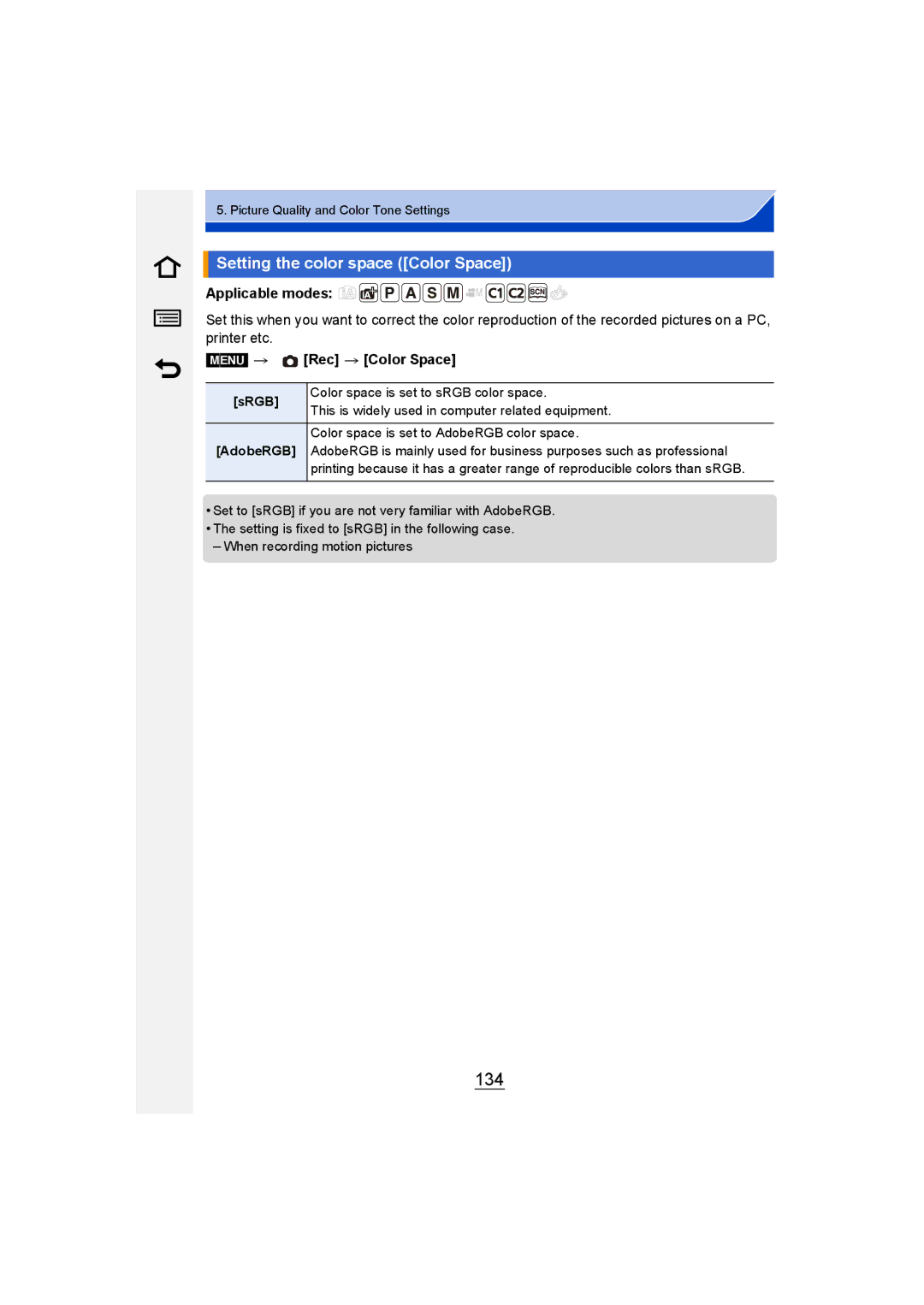 Panasonic DMC-GM1 owner manual 134, Setting the color space Color Space, Menu Rec Color Space, Srgb 