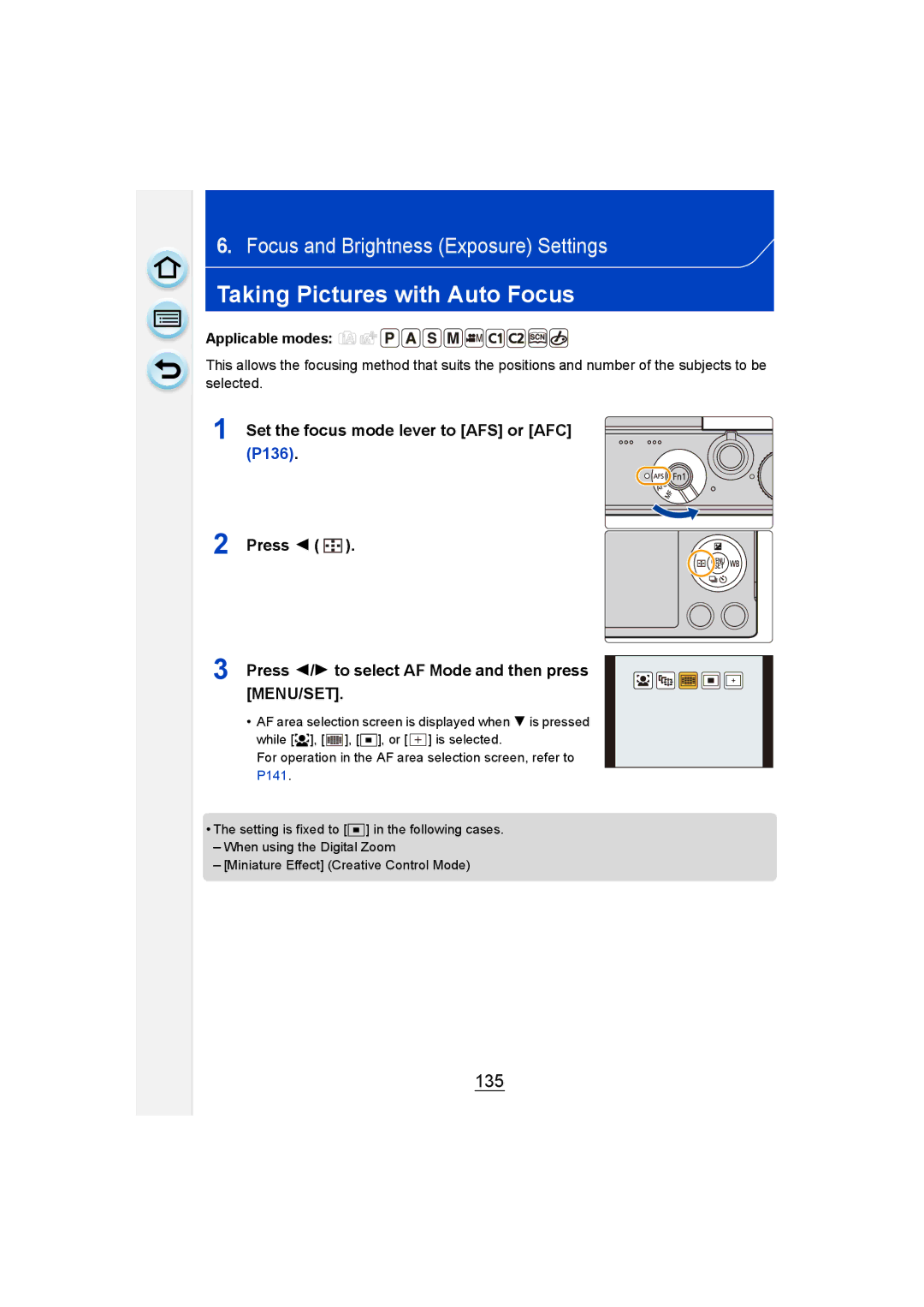 Panasonic DMC-GM1 owner manual Taking Pictures with Auto Focus, 135 