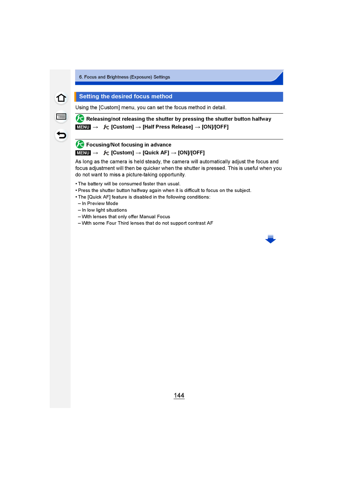 Panasonic DMC-GM1 owner manual 144, Setting the desired focus method 