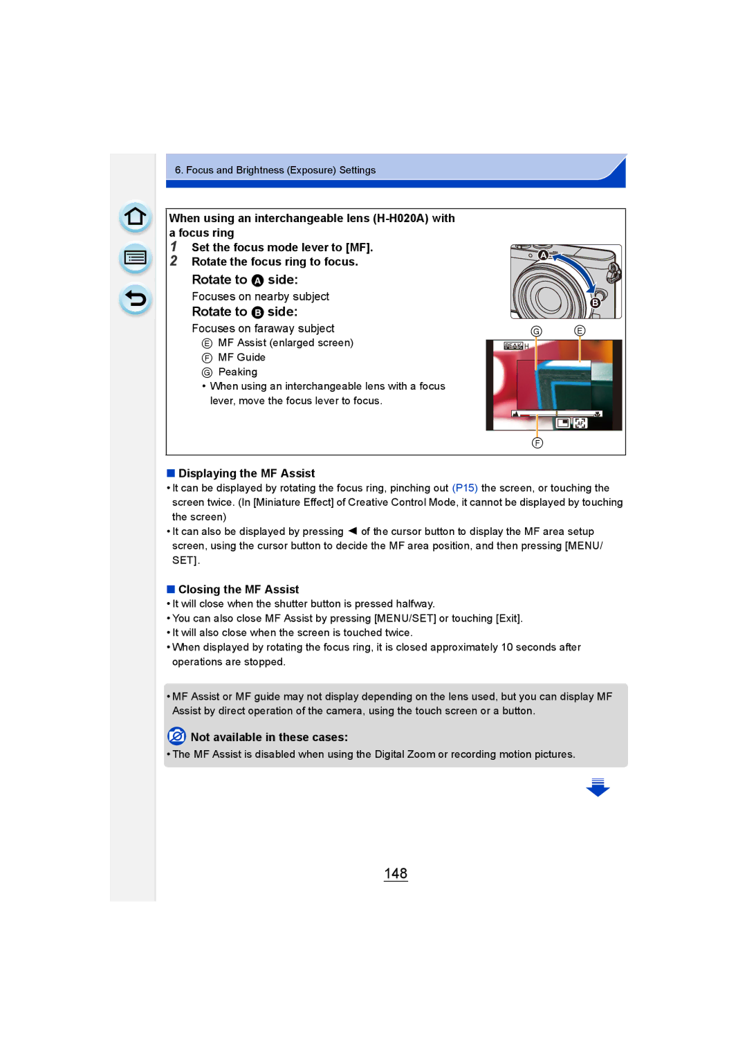 Panasonic DMC-GM1 owner manual 148, Rotate to a side, Rotate to B side, Displaying the MF Assist, Closing the MF Assist 