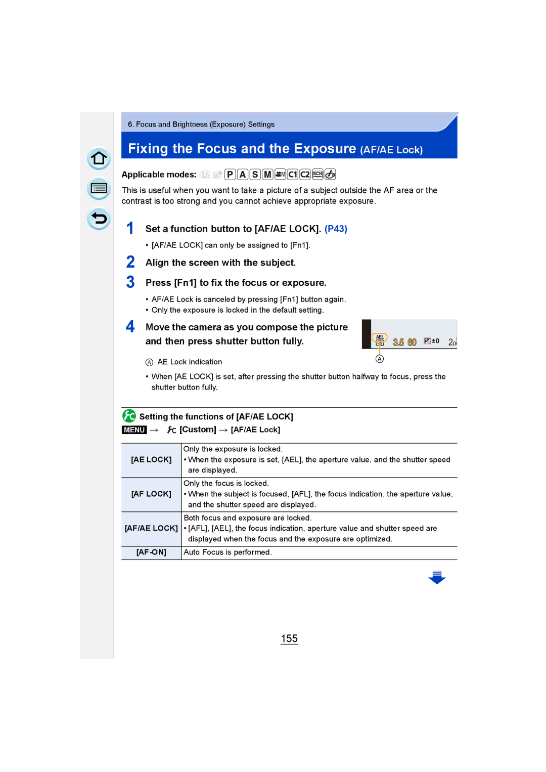 Panasonic DMC-GM1 owner manual Fixing the Focus and the Exposure AF/AE Lock, 155, Set a function button to AF/AE LOCK. P43 