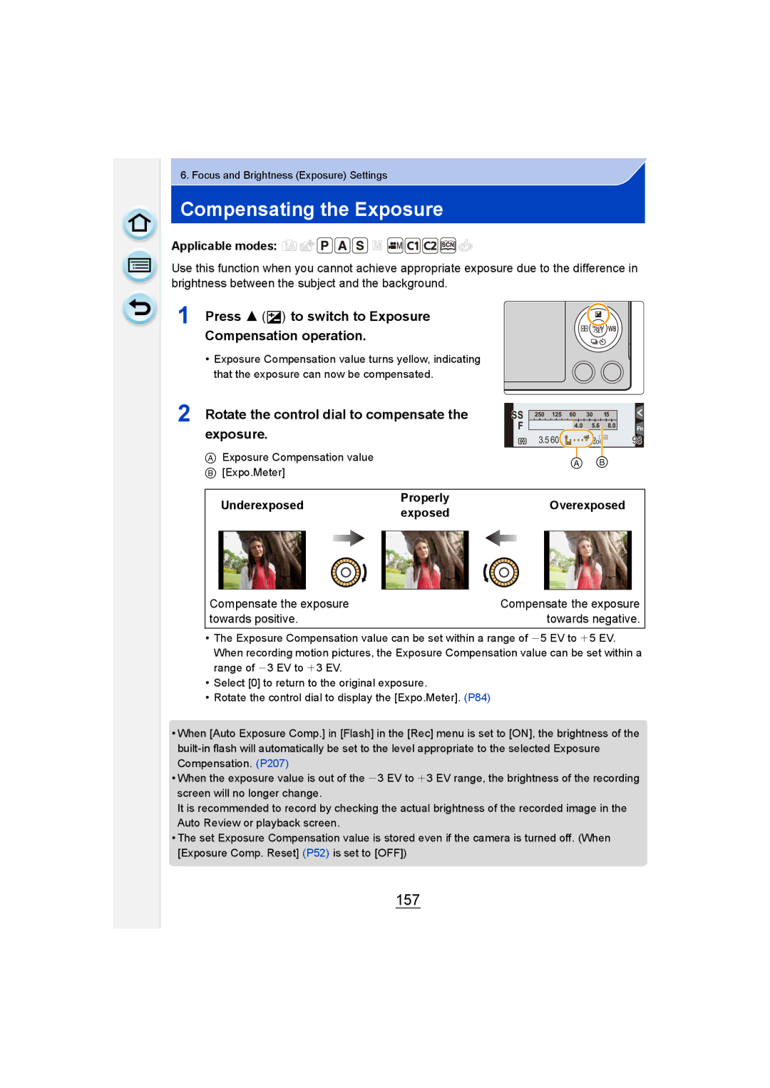 Panasonic DMC-GM1 owner manual Compensating the Exposure, 157, Press 3 È to switch to Exposure Compensation operation 