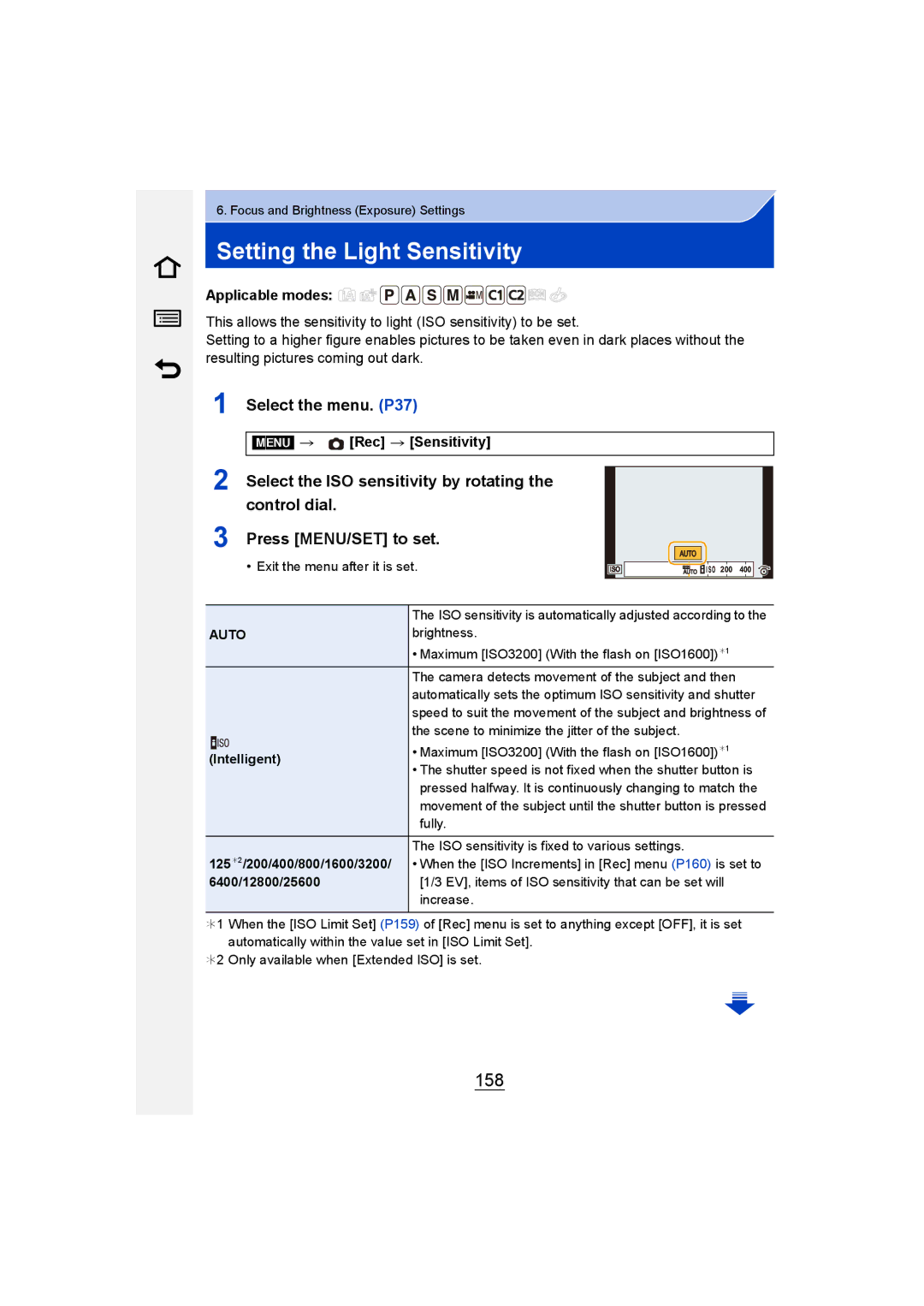 Panasonic DMC-GM1 owner manual Setting the Light Sensitivity, 158, Menu Rec Sensitivity 