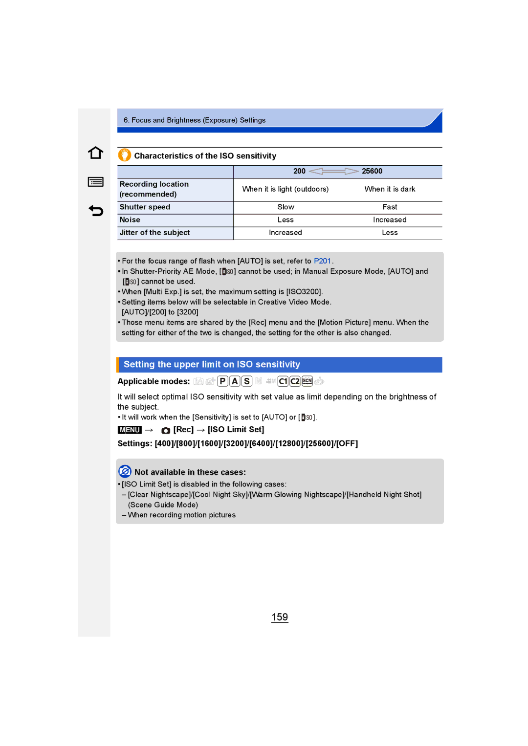 Panasonic DMC-GM1 owner manual 159, Setting the upper limit on ISO sensitivity, Characteristics of the ISO sensitivity 