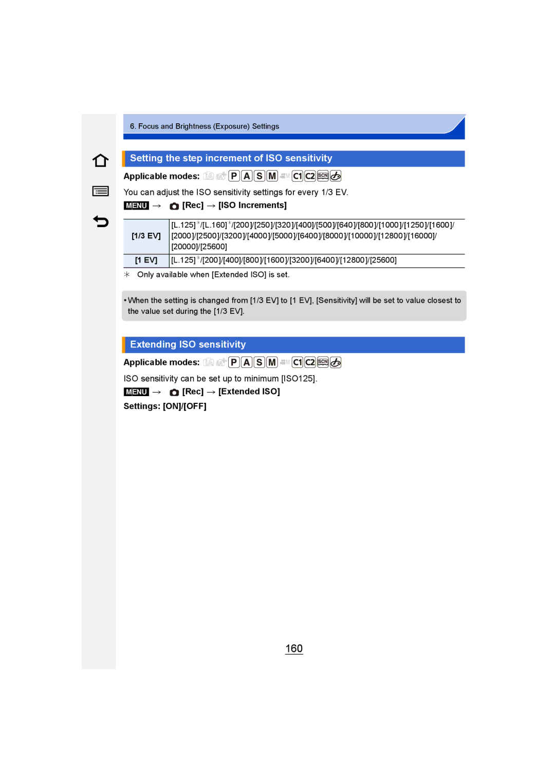 Panasonic DMC-GM1 160, Setting the step increment of ISO sensitivity, Extending ISO sensitivity, Menu Rec ISO Increments 