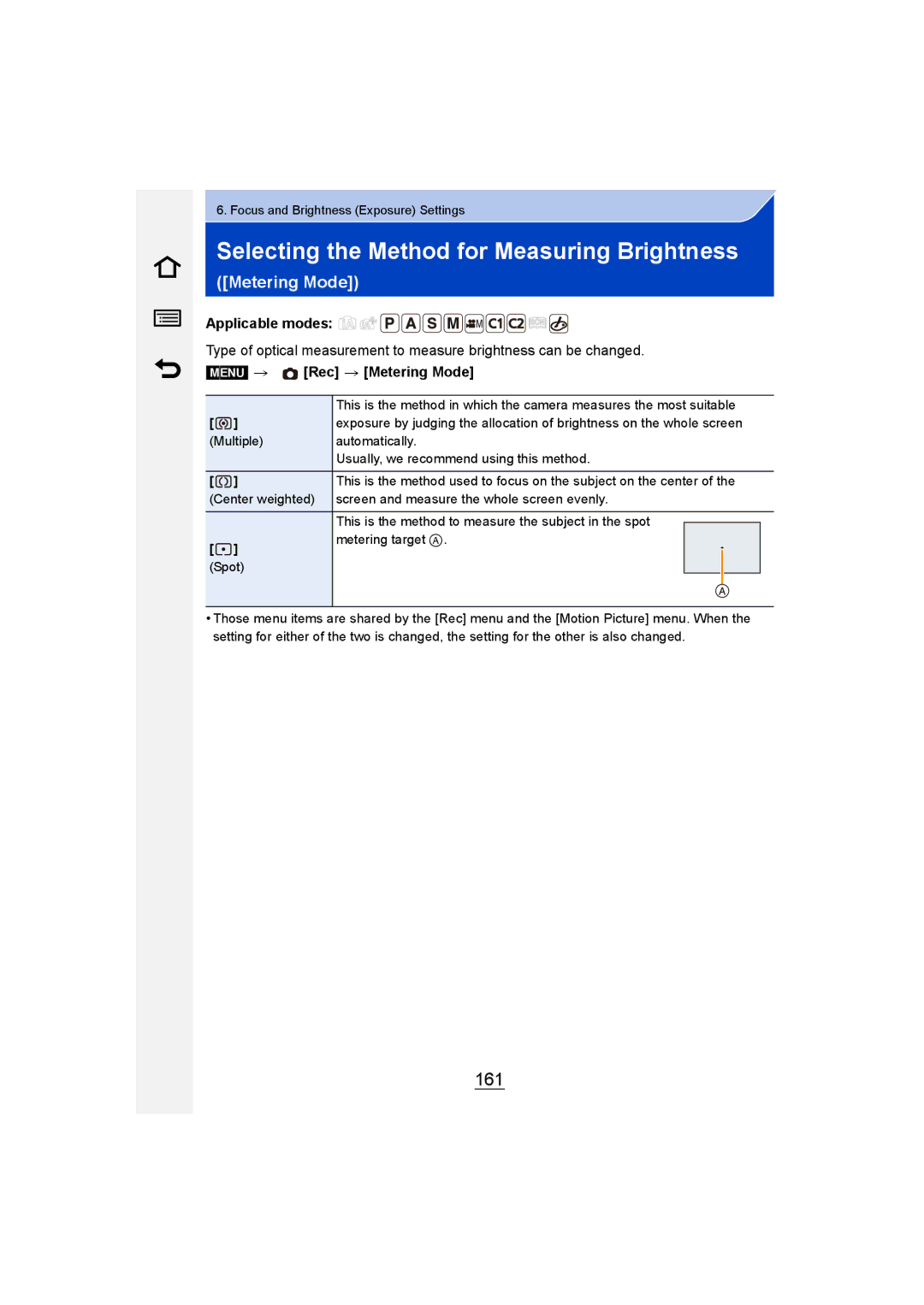 Panasonic DMC-GM1 owner manual Selecting the Method for Measuring Brightness, 161, Menu Rec Metering Mode 