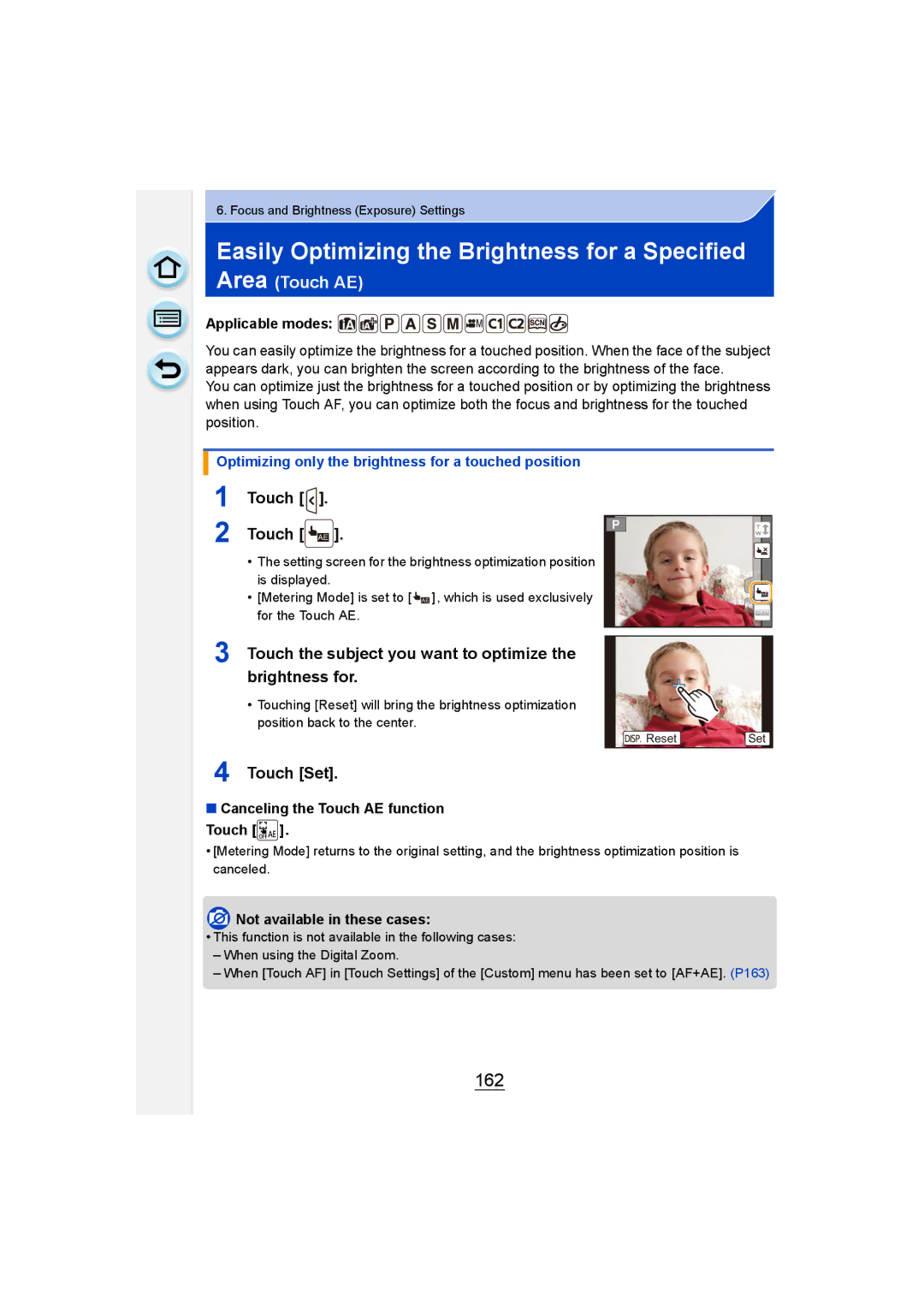 Panasonic DMC-GM1 owner manual Easily Optimizing the Brightness for a Specified Area, 162, Touch Set 