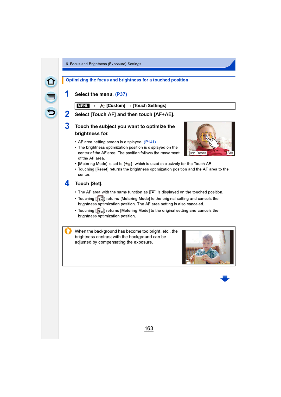 Panasonic DMC-GM1 owner manual 163, Optimizing the focus and brightness for a touched position, Menu Custom Touch Settings 