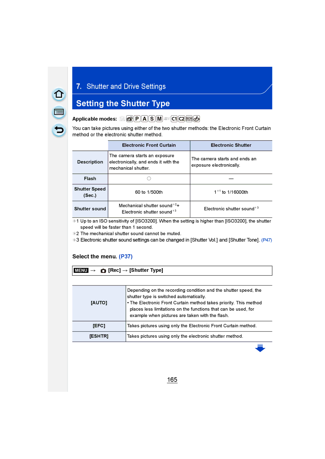 Panasonic DMC-GM1 owner manual Setting the Shutter Type, 165, Rec Shutter Type, Electronic Front Curtain Electronic Shutter 