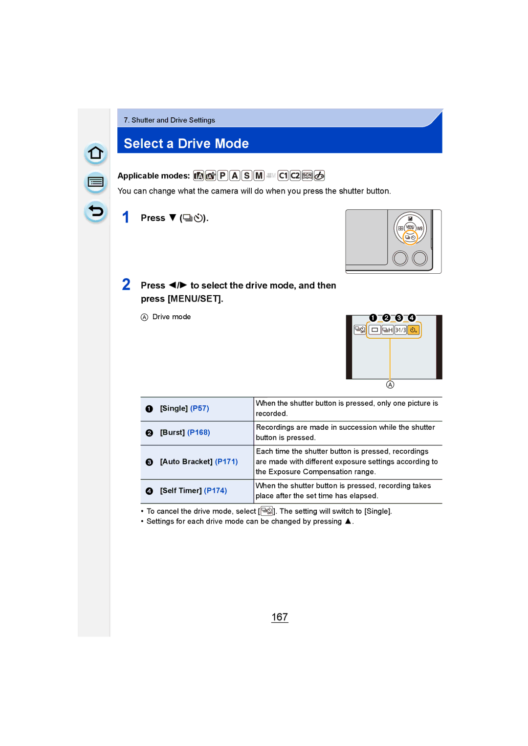 Panasonic DMC-GM1 owner manual Select a Drive Mode, 167 