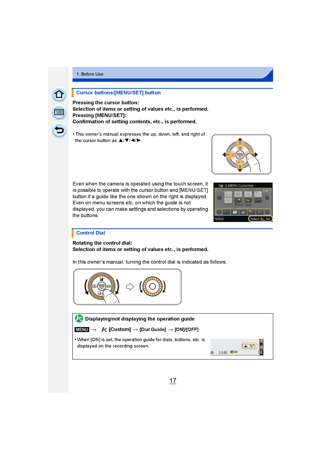 Panasonic DMC-GM1 owner manual Cursor buttons/MENU/SET button, Control Dial, Menu Custom Dial Guide ON/OFF 