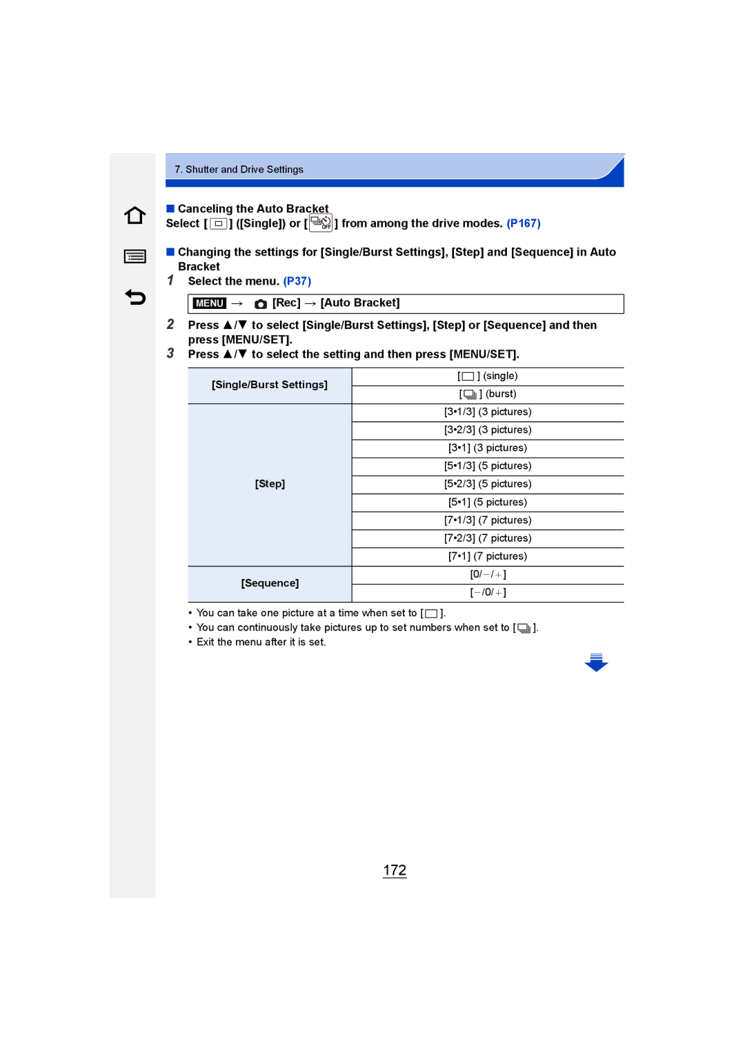 Panasonic DMC-GM1 owner manual 172, Single/Burst Settings, Step 