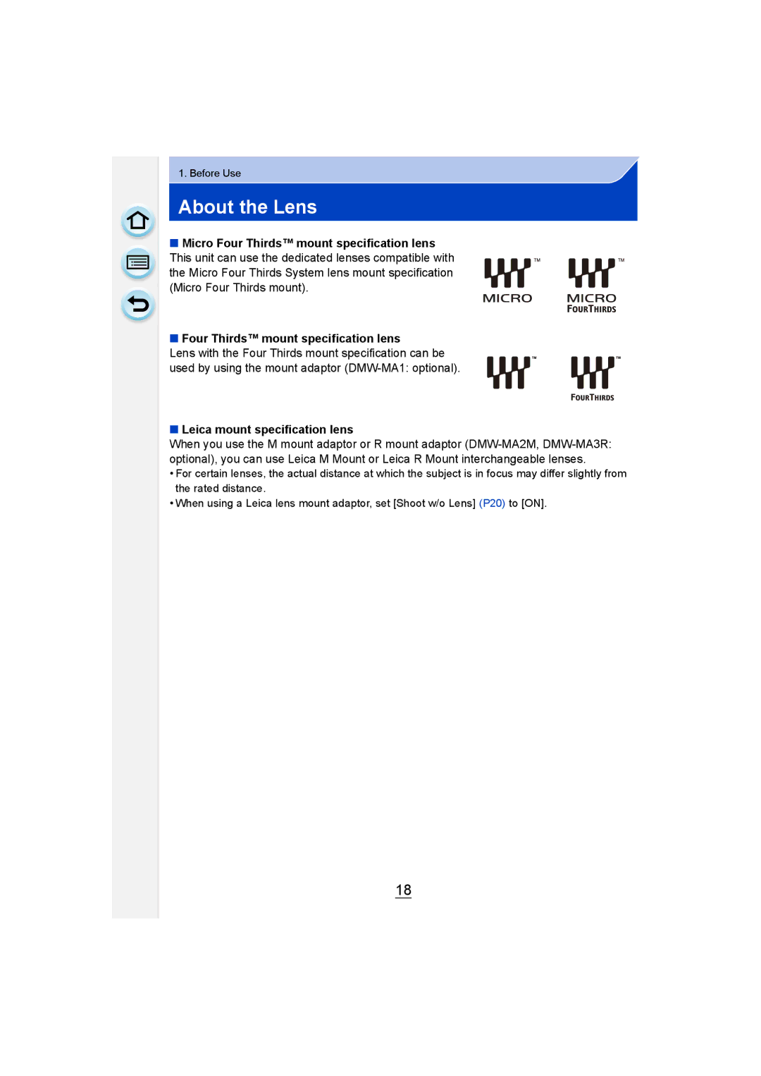 Panasonic DMC-GM1 owner manual About the Lens, Micro Four Thirds mount specification lens, Leica mount specification lens 