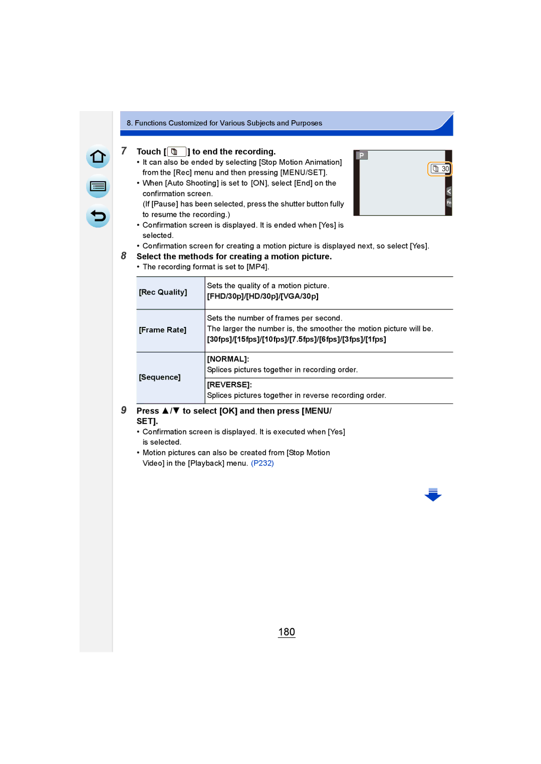 Panasonic DMC-GM1 owner manual 180, Touch to end the recording, Select the methods for creating a motion picture 