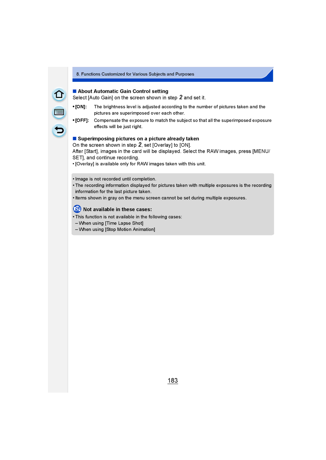 Panasonic DMC-GM1 183, About Automatic Gain Control setting, Select Auto Gain on the screen shown in and set it 