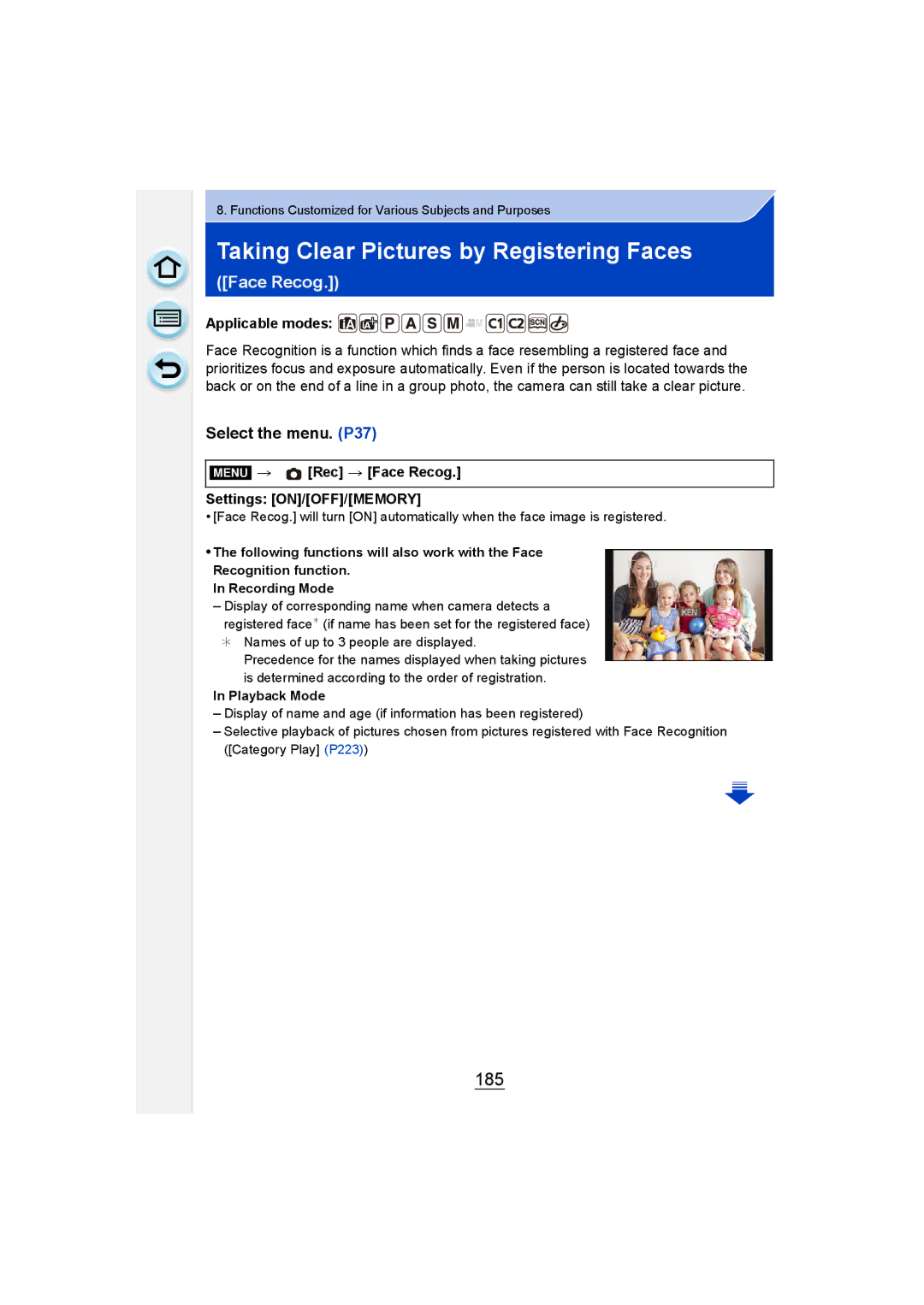 Panasonic DMC-GM1 Taking Clear Pictures by Registering Faces, 185, Menu Rec Face Recog Settings ON/OFF/MEMORY 