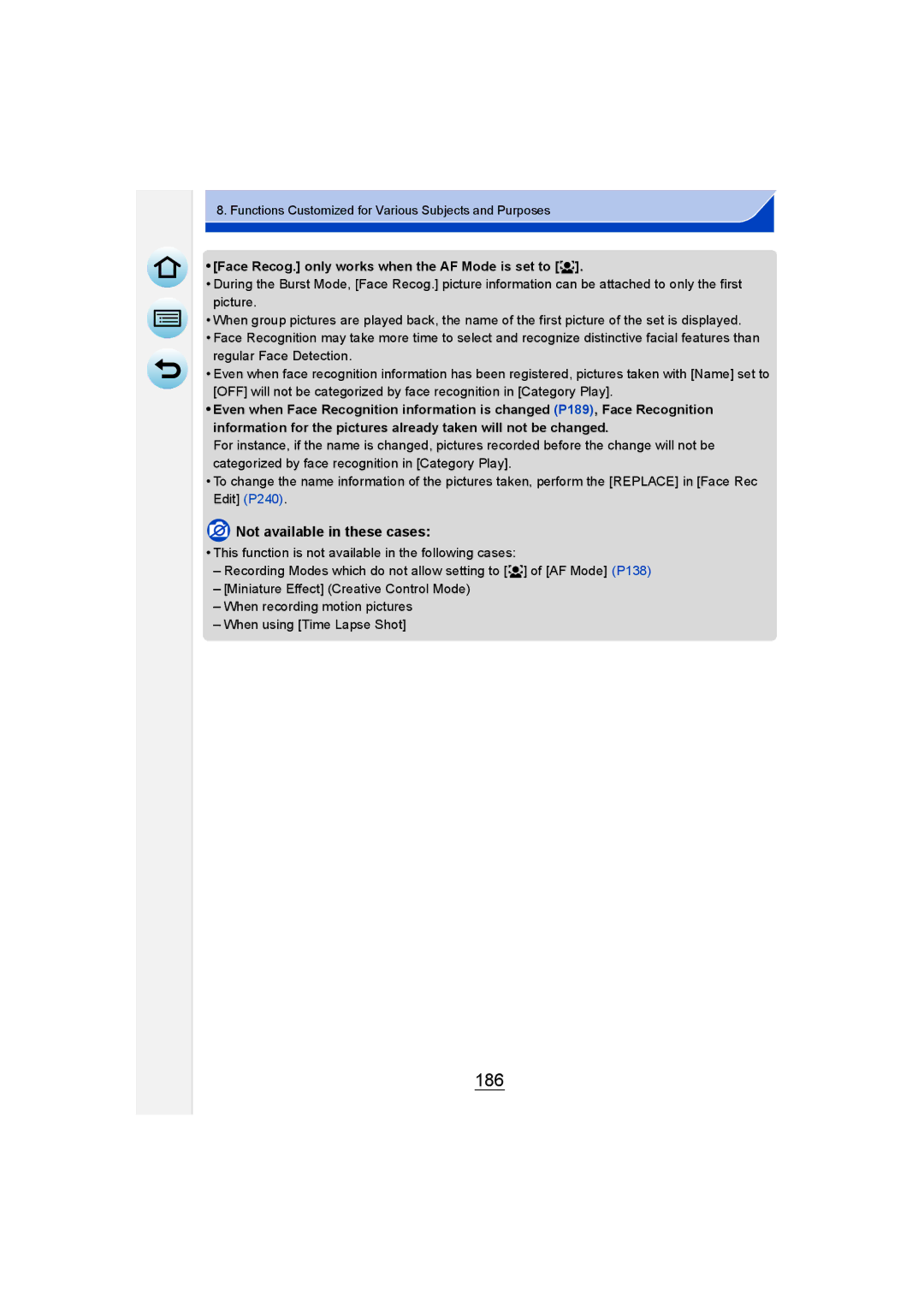 Panasonic DMC-GM1 owner manual 186, Face Recog. only works when the AF Mode is set to š 