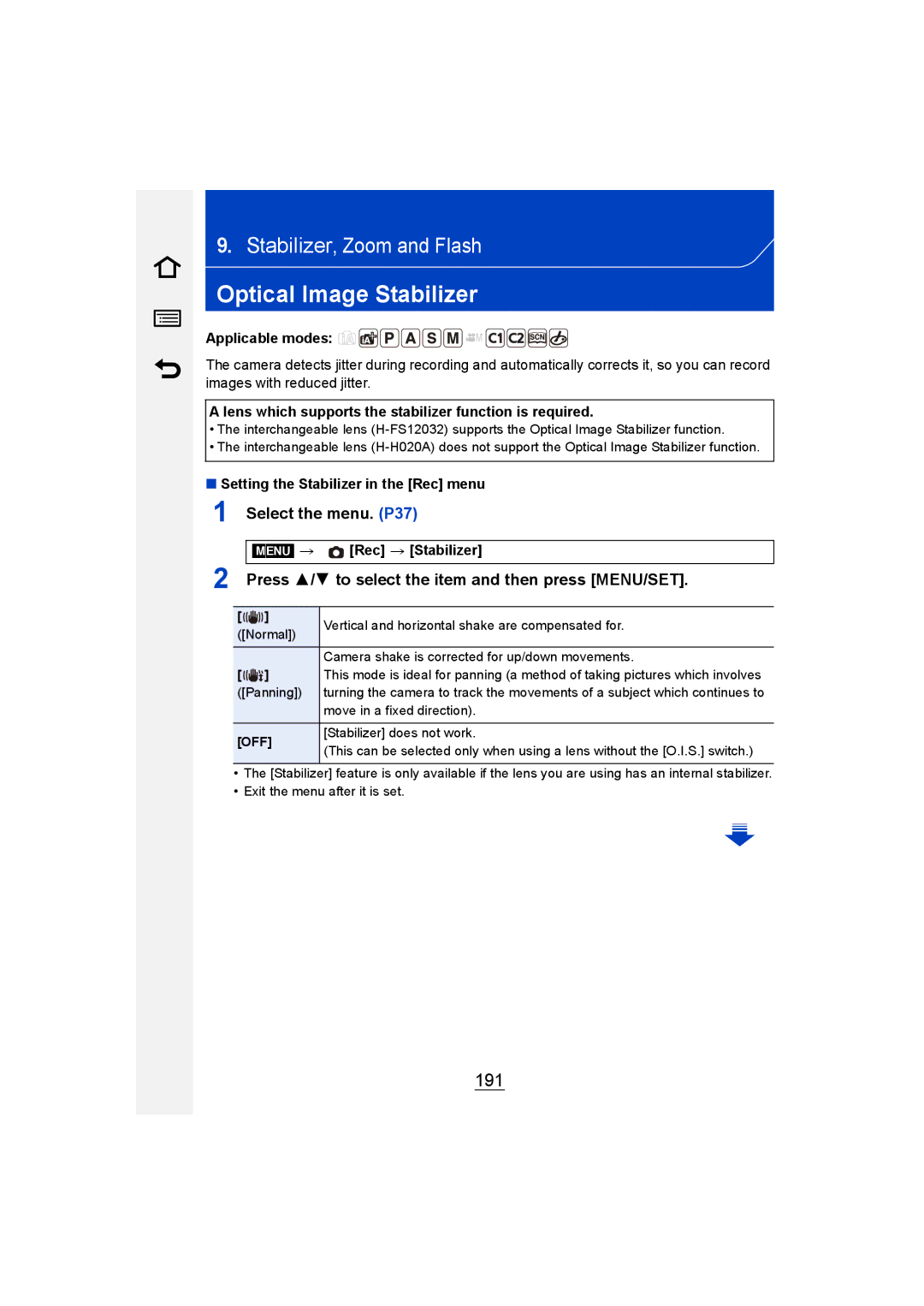 Panasonic DMC-GM1 owner manual Optical Image Stabilizer, 191, Press 3/4 to select the item and then press MENU/SET 