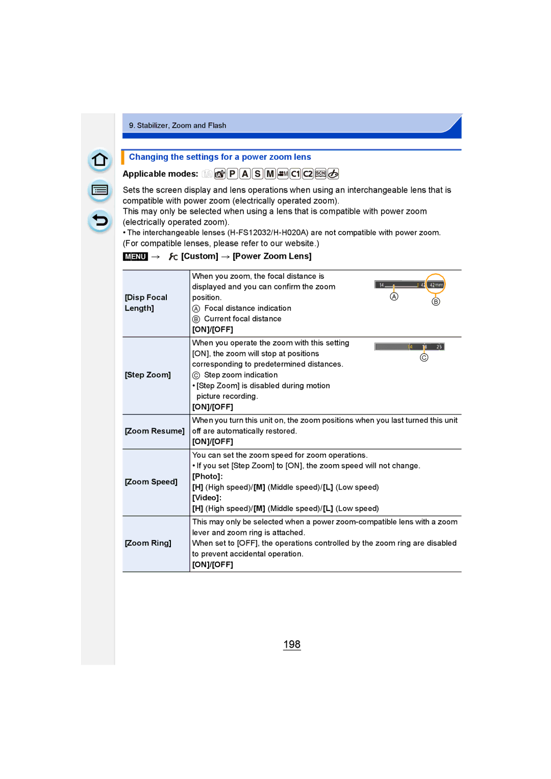 Panasonic DMC-GM1 owner manual 198, Changing the settings for a power zoom lens, Custom Power Zoom Lens 