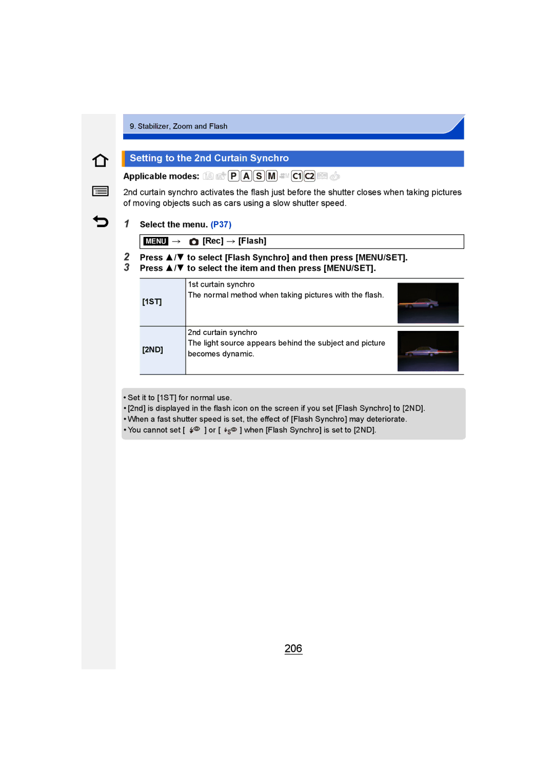 Panasonic DMC-GM1 owner manual 206, Setting to the 2nd Curtain Synchro, 1ST, 2ND 