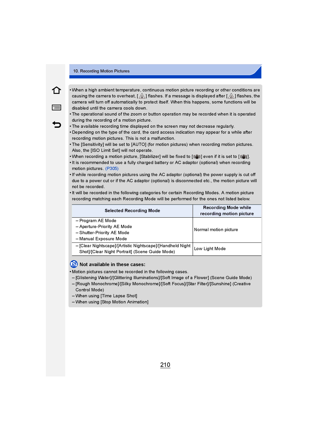 Panasonic DMC-GM1 owner manual 210, Selected Recording Mode Recording Mode while 