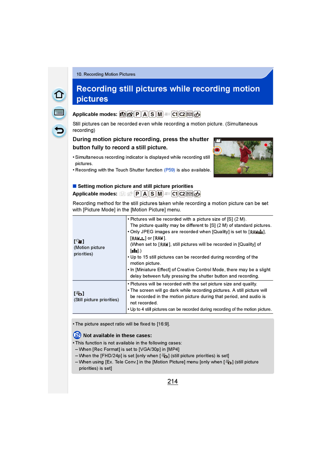 Panasonic DMC-GM1 owner manual Recording still pictures while recording motion pictures, 214 