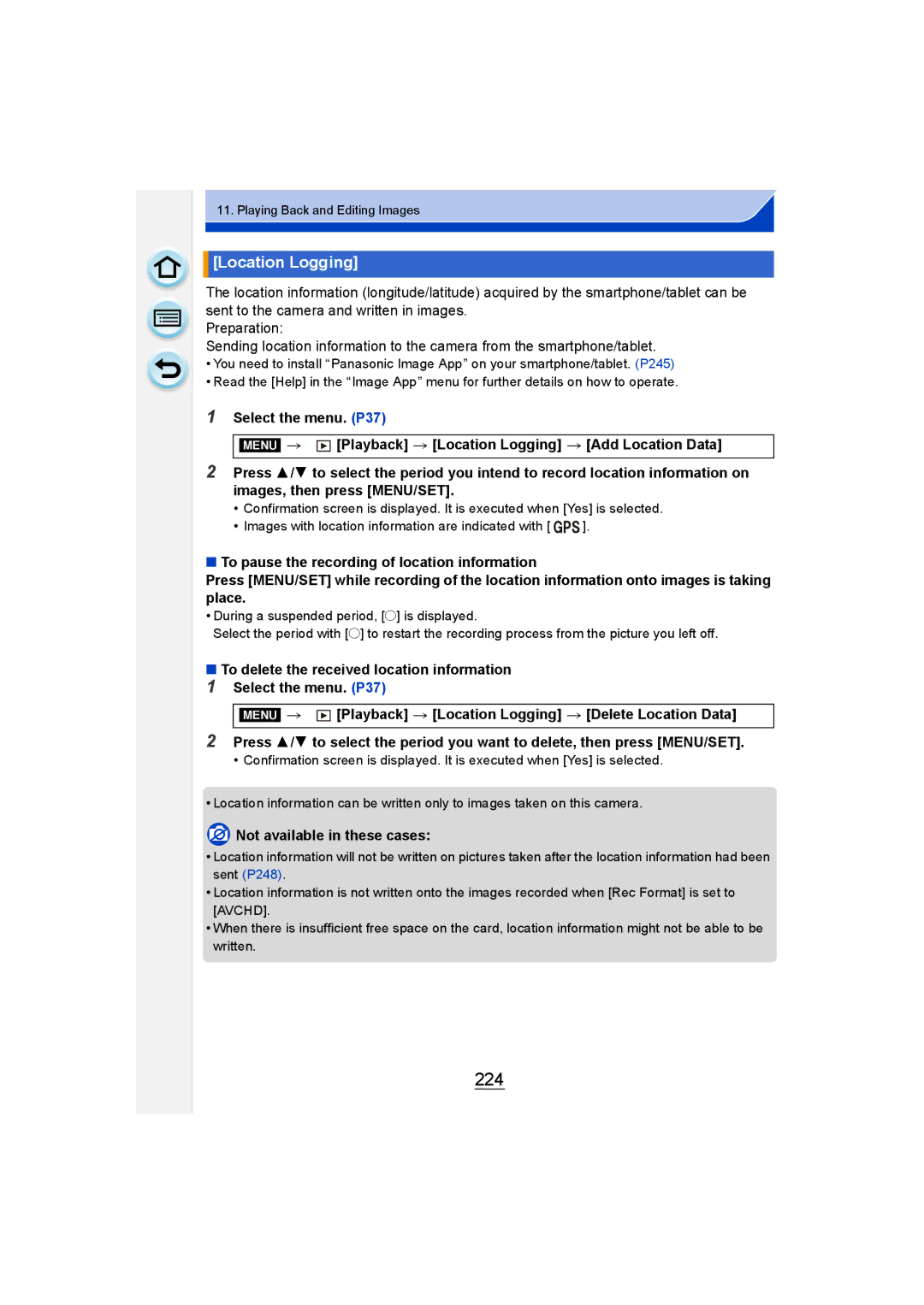 Panasonic DMC-GM1 224, Playback Location Logging Add Location Data, Playback Location Logging Delete Location Data 