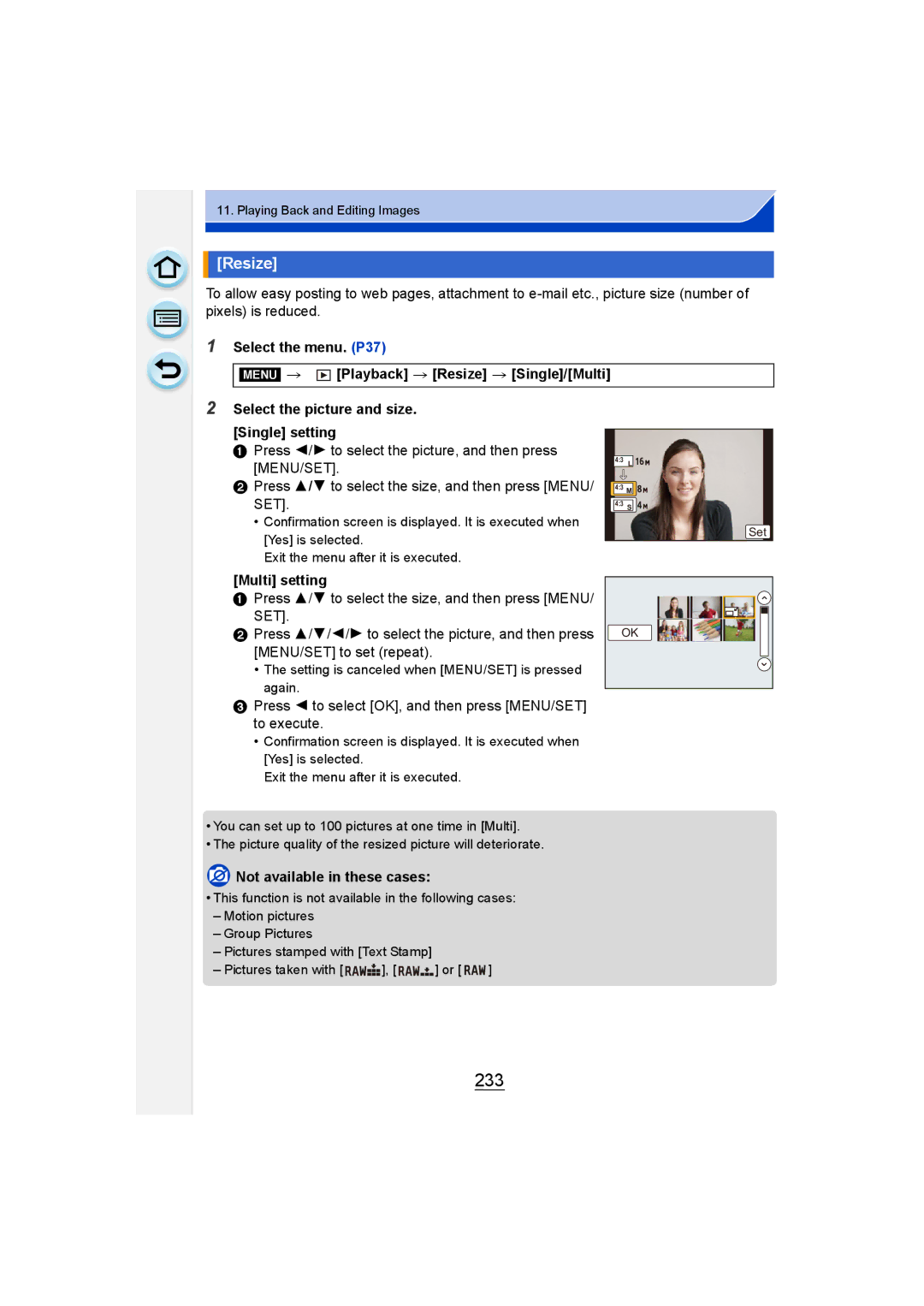 Panasonic DMC-GM1 owner manual 233, Playback Resize Single/Multi, Select the picture and size. Single setting 