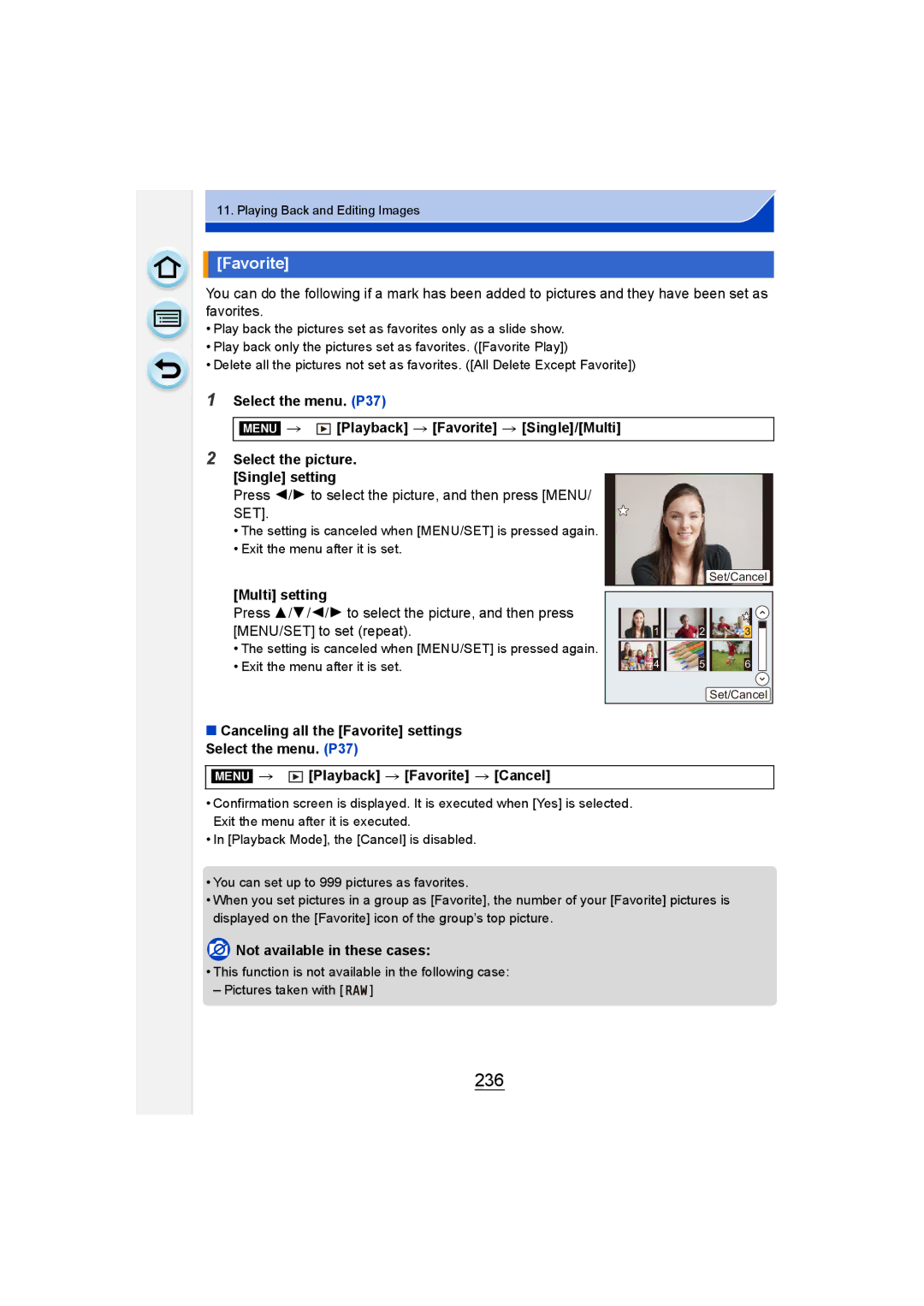 Panasonic DMC-GM1 236, Playback Favorite Single/Multi, Canceling all the Favorite settings Select the menu. P37 